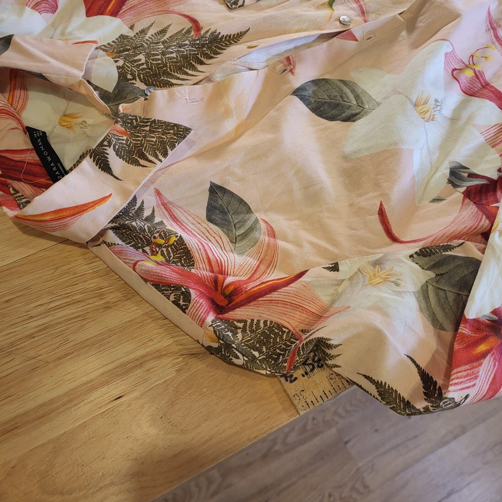 Zara Woman Pink Floral Tropical Shirt Dress Collared Button Belt Loop Small 