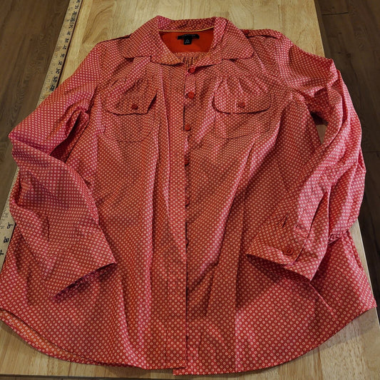 Lands End Large 14/16  Cotton-Poly Blend Red Dotted Button Up Collared shirt