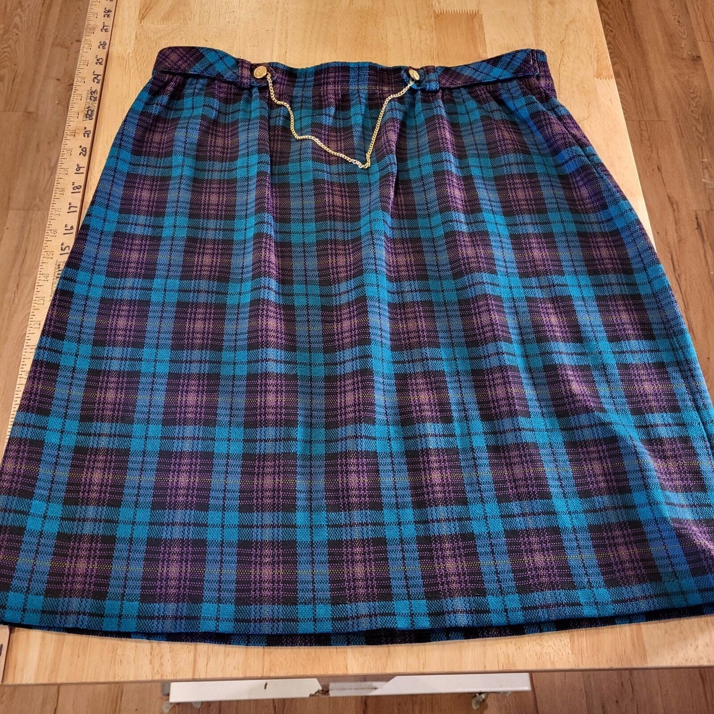 Vintage Tartan Plaid Purple Turquoise Knee Length Elastic Waist Gold Chain SZ18