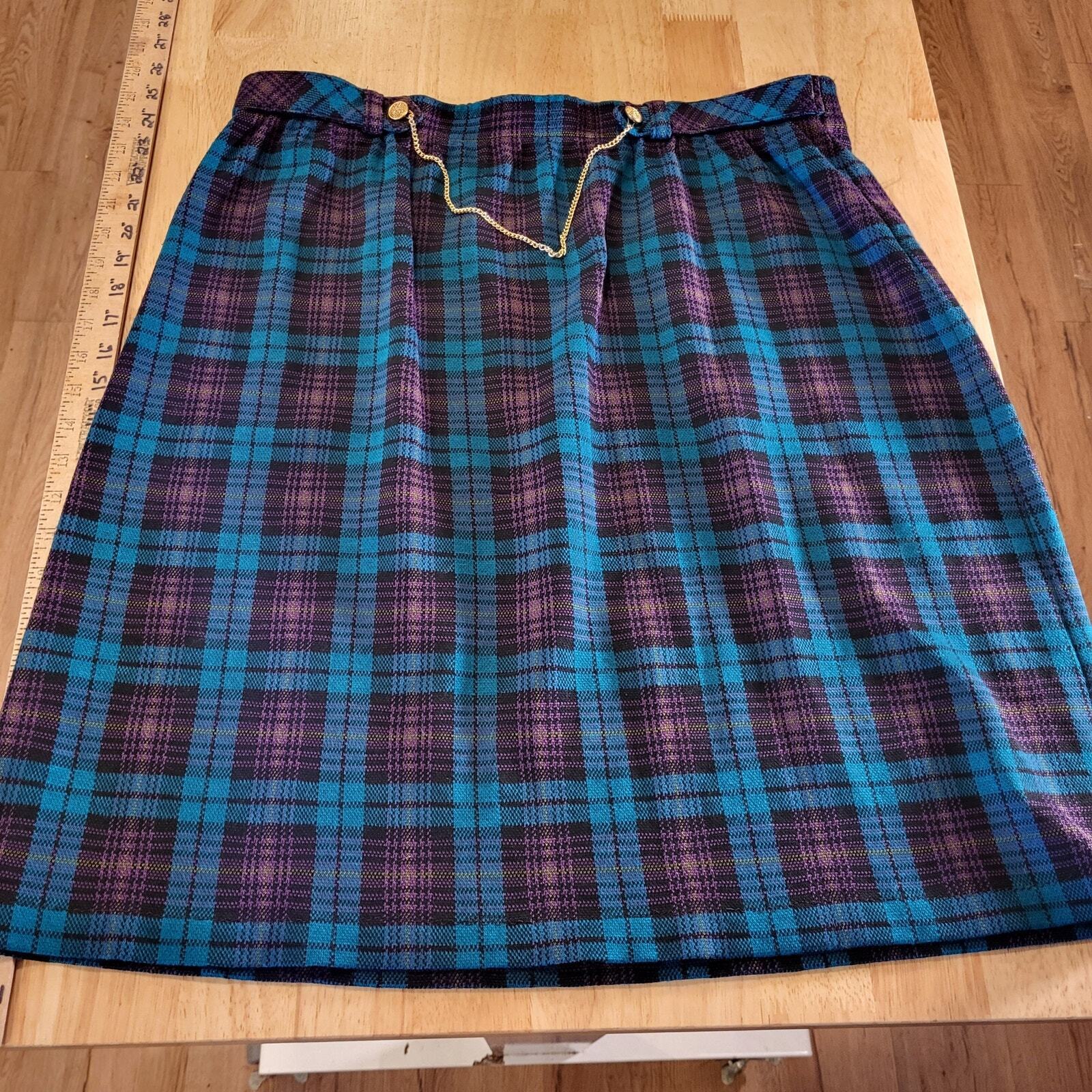 Vintage Tartan Plaid Purple Turquoise Knee Length Elastic Waist Gold Chain SZ18