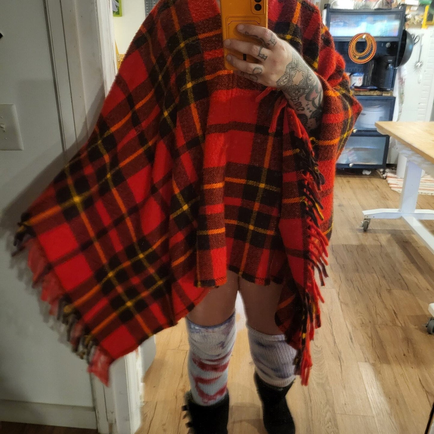 Red Plaid Tartan Possibly Wool Hand Made Poncho Multiple Ways to Wear