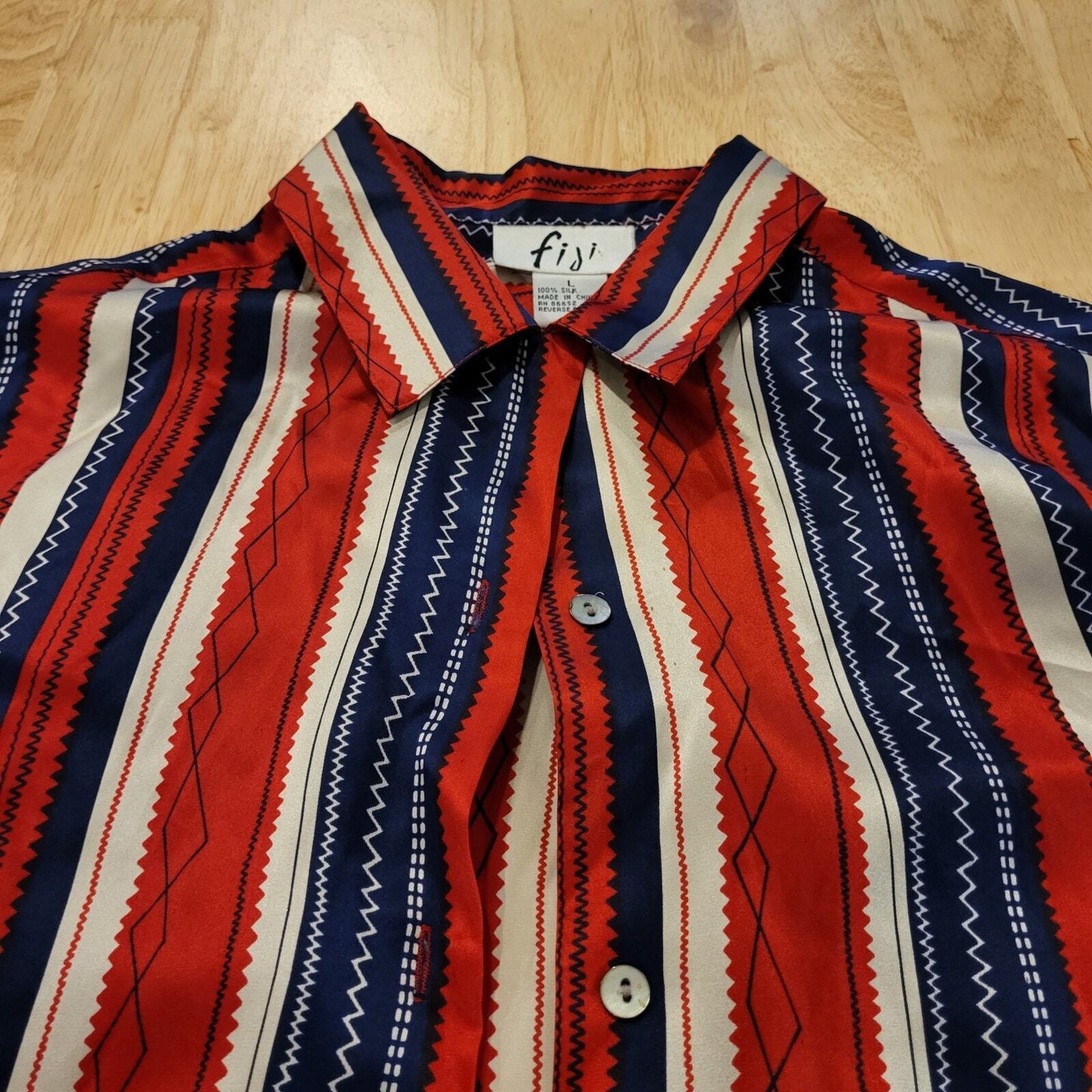 Fiji 100% Silk Collared Button Down Blouse Red White Blue Striped 