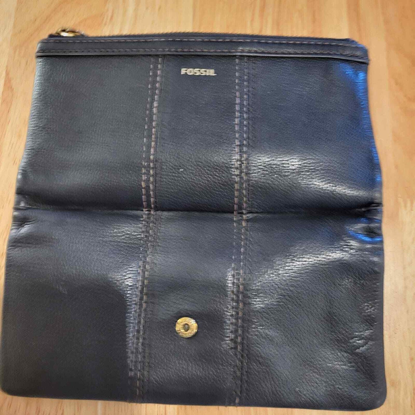 Black Leather Fossil Wallet 9" Snap Closure Zip Pocket