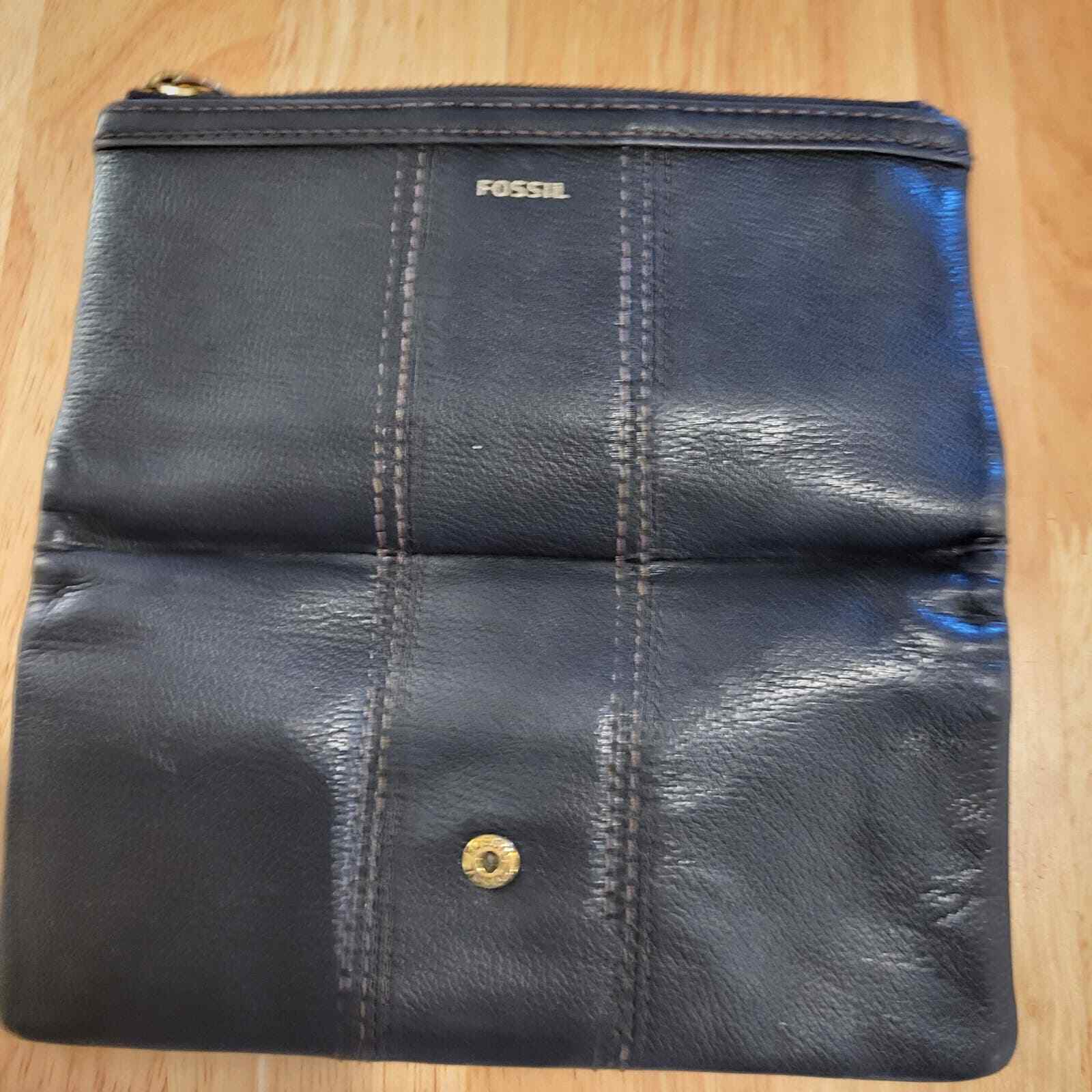 Black Leather Fossil Wallet 9" Snap Closure Zip Pocket