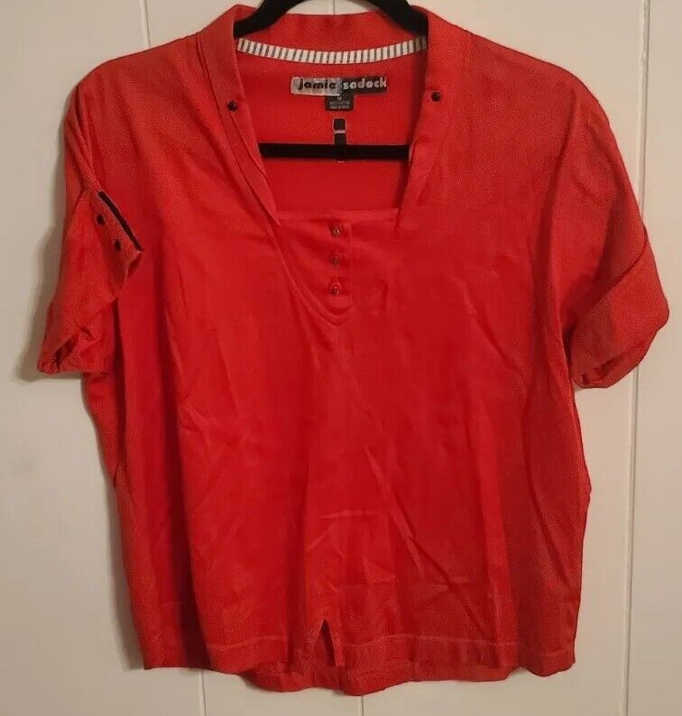 Jamie Sadock Golf Shirt Medium Red Short Sleeve Collar Detail Cuff Embellishment