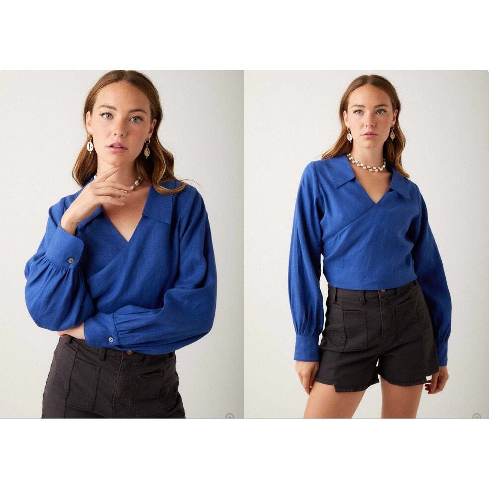R. G. Kane Rosie Wrap Blouse Blue XS 100% Linen Made in USA 18" P2P