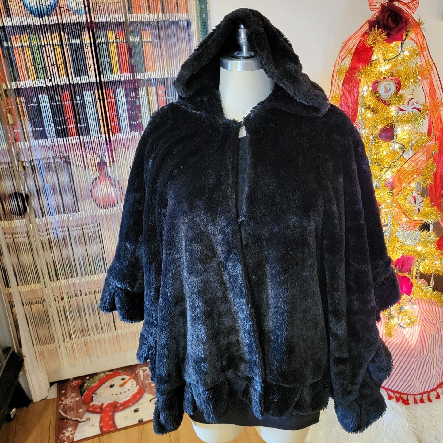 Black Faux Fur Soft Fussy Hooded Cape Formal Opera 