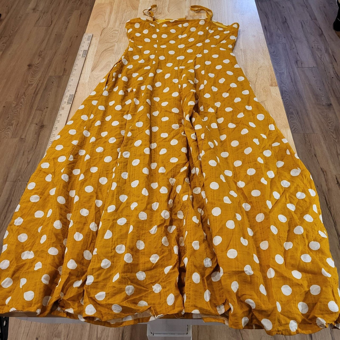 Rebellion Mustard Yellow Polka Dot Strappy Dress Small Button 16" p2p 14" Waist