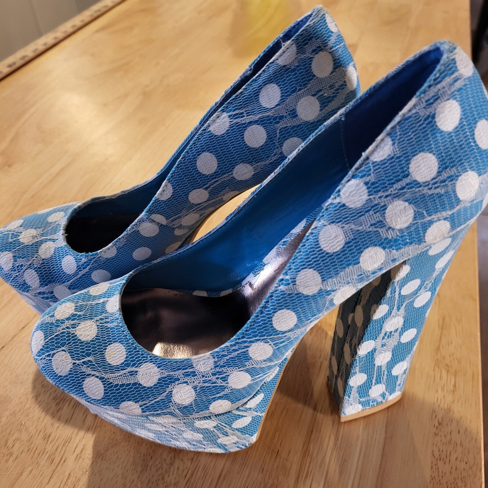 FRH Fahrenheit Blue with white  Polka Dot Lace super high platform size 6