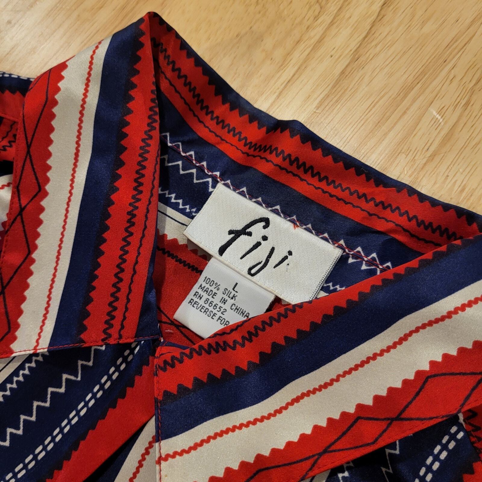 Fiji 100% Silk Collared Button Down Blouse Red White Blue Striped 