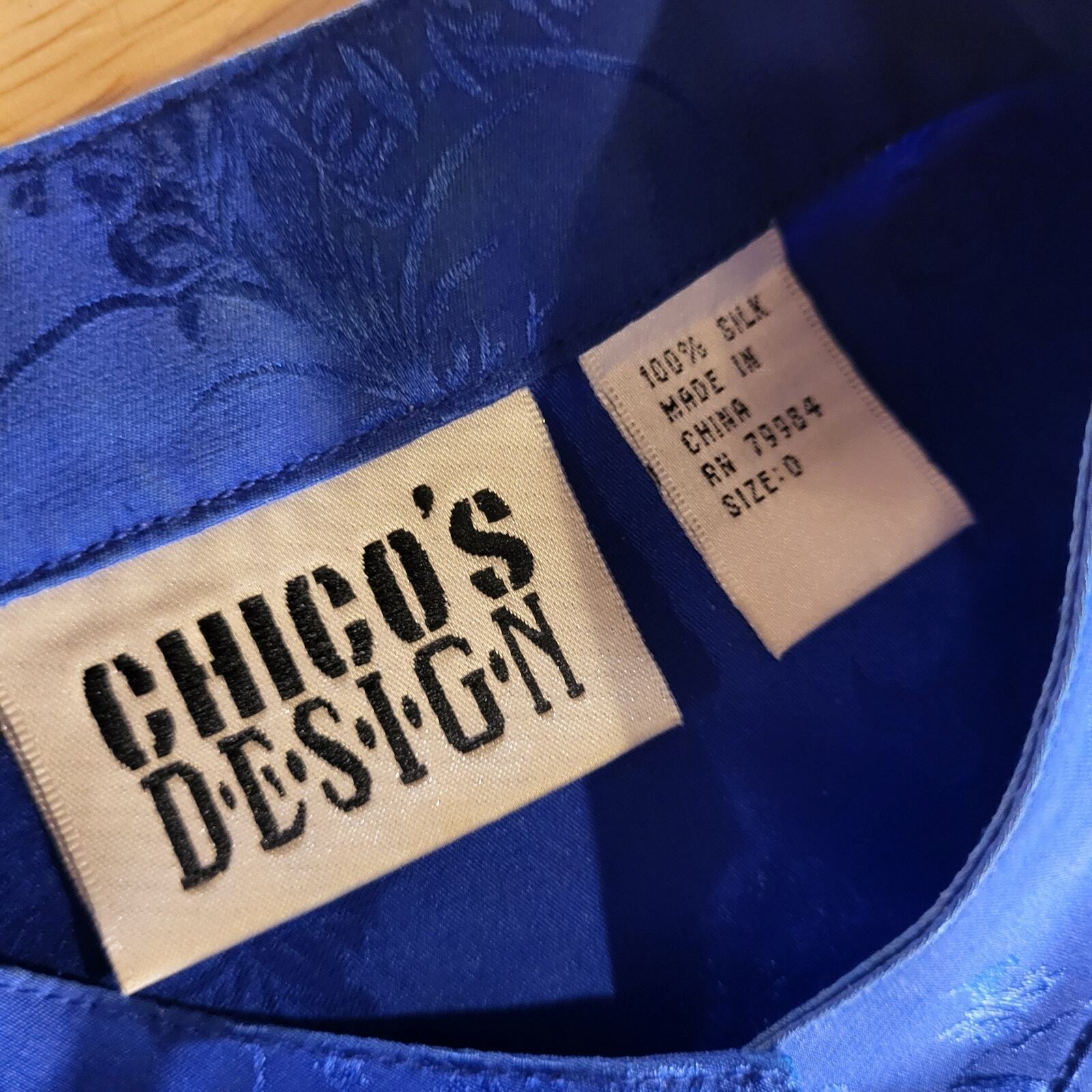 Vintage Chico's Design Size 0 Chinese Printed Silk Blouse 3/4 Sleeve  Button 
