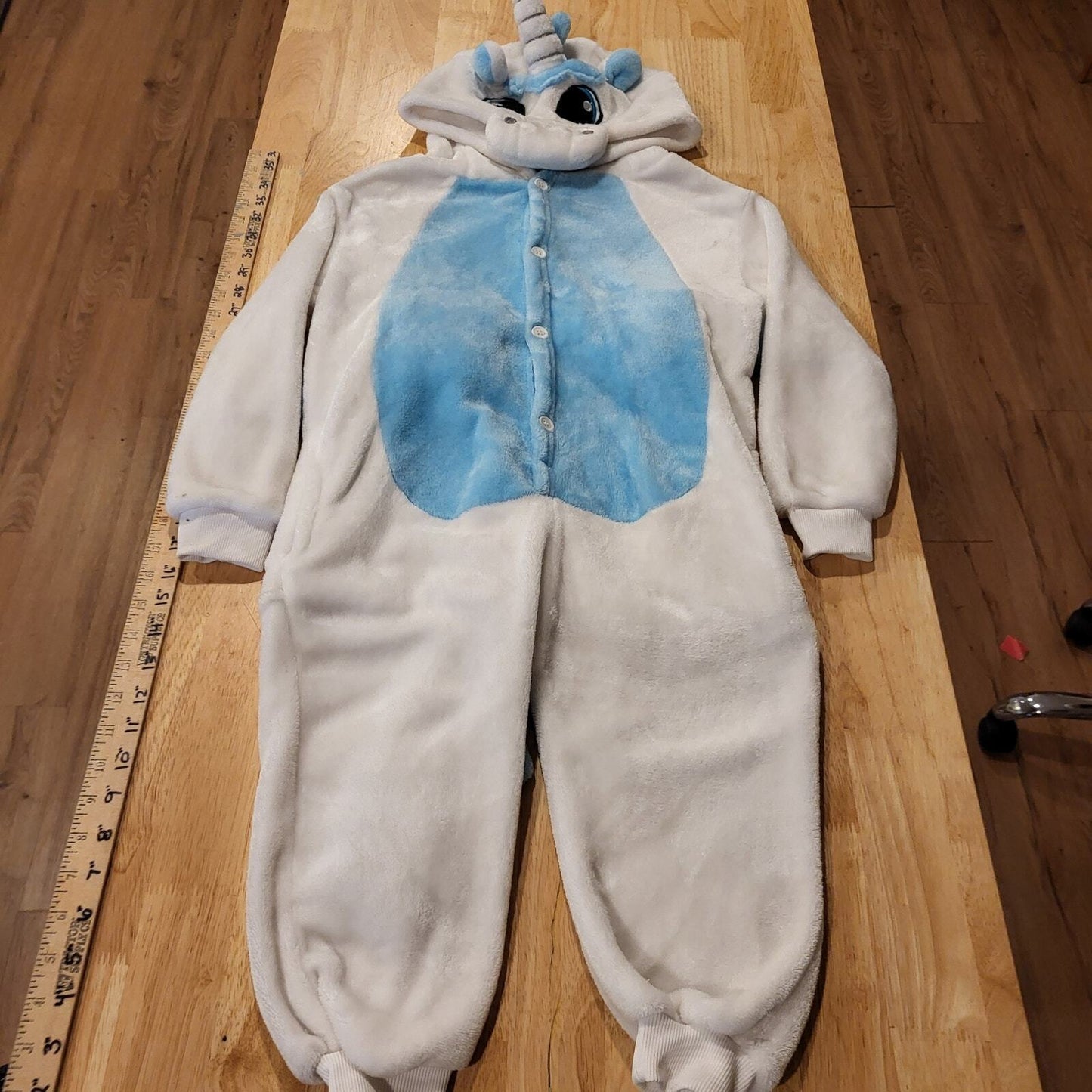 Blue & White Pegasus Unicorn Fuzzy One Piece Costume Button  hood wings horn 