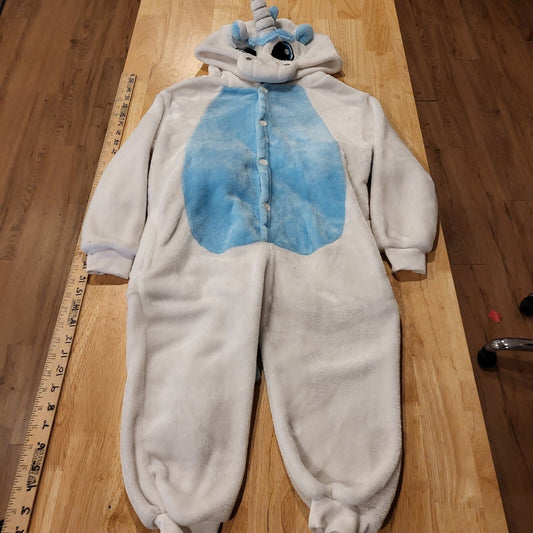 Blue & White Pegasus Unicorn Fuzzy One Piece Costume Button  hood wings horn 