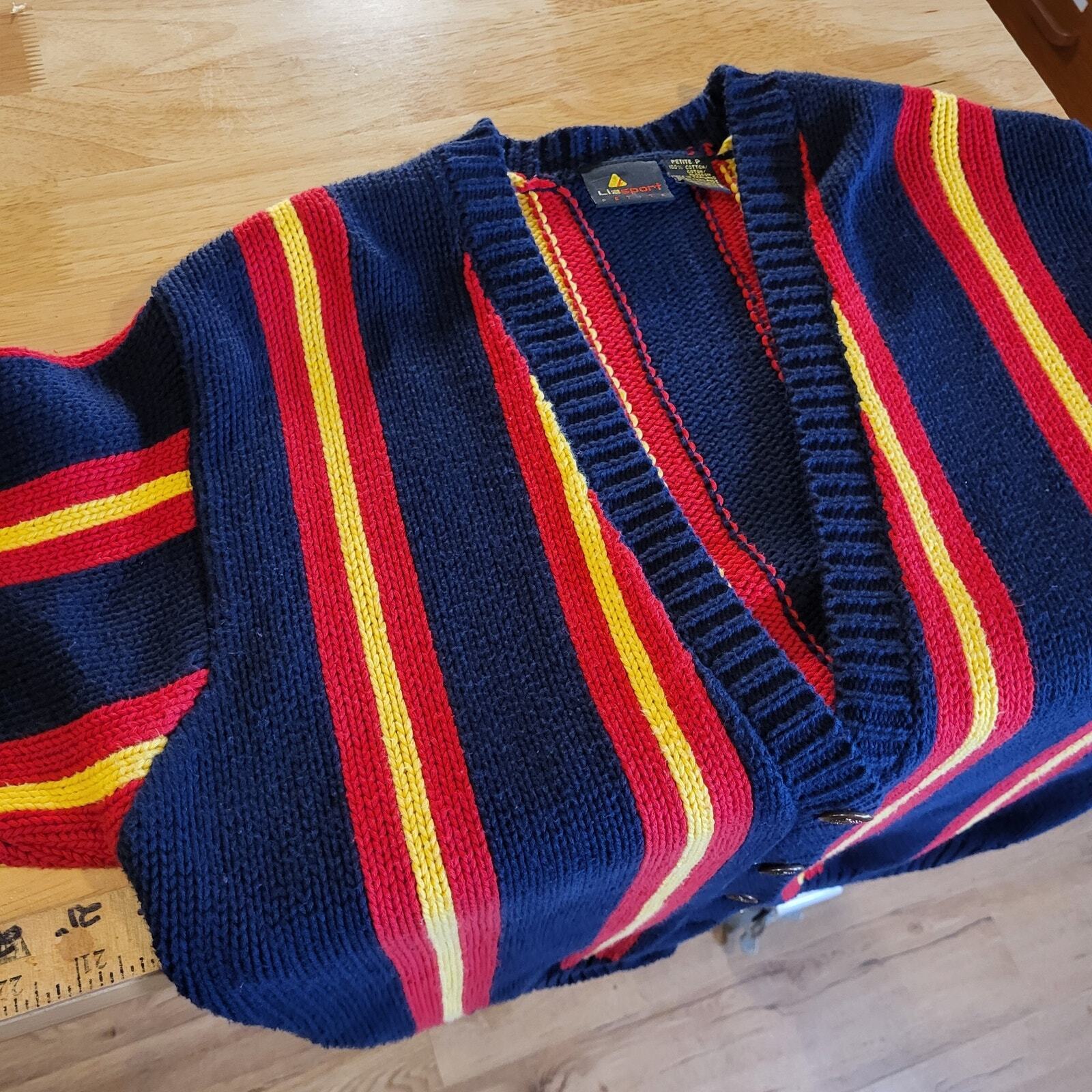 Vintage 90's Liz Claiborne Blue Cardigan Sweater Yellow & Red Stripe Preppy P