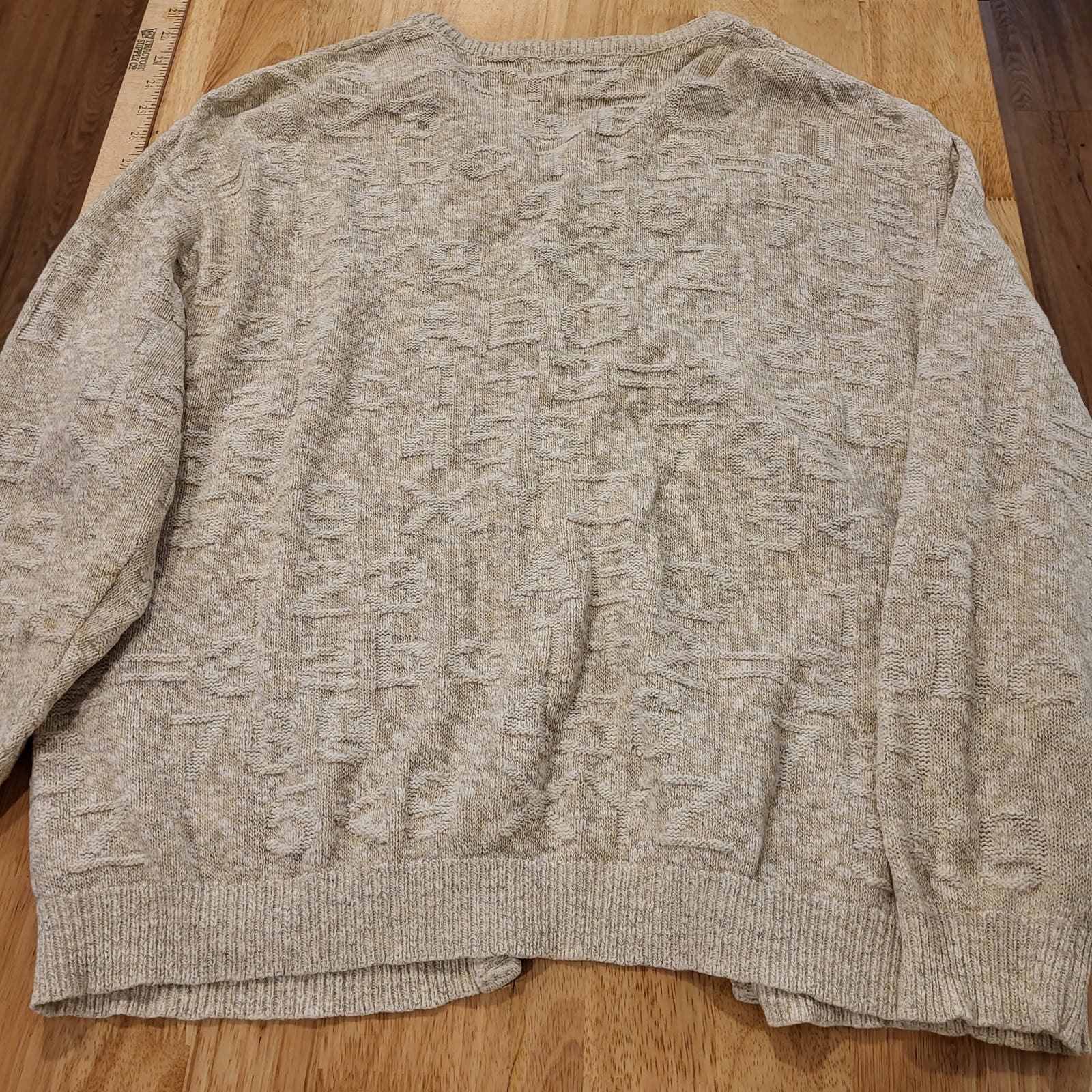 Vintage Sweater School Teacher Theme Embossed ABC 123 Beige Cardigan Large USA