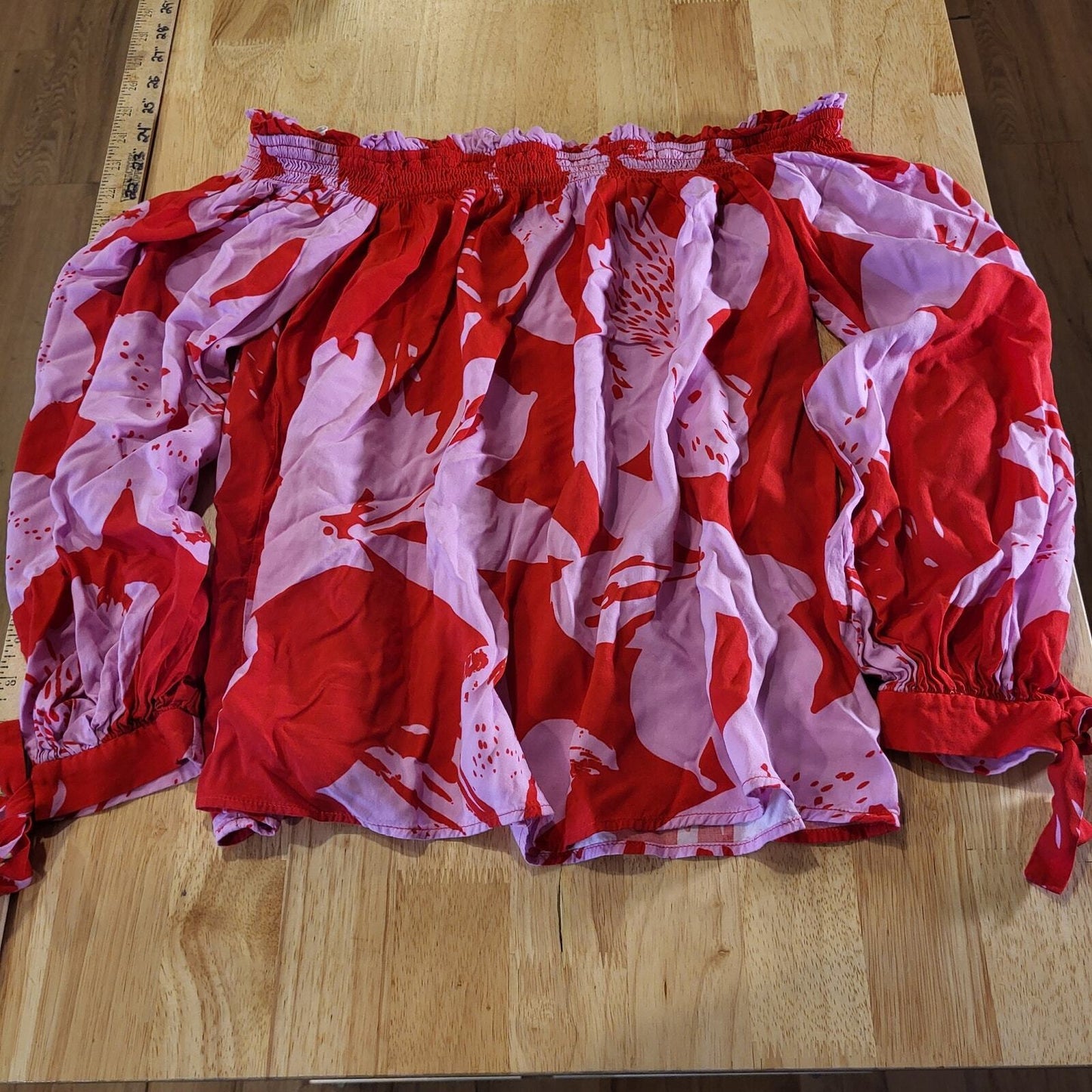 Bardot 100% viscose Red & Pink Floral Elastic Shoulder 6 Tie Cuff 16" P2P 18" L