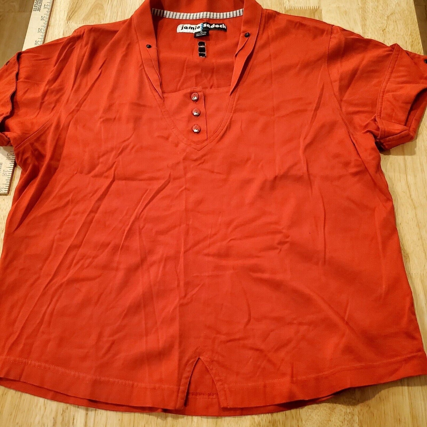 Jamie Sadock Golf Shirt Medium Red Short Sleeve Collar Detail Cuff Embellishment