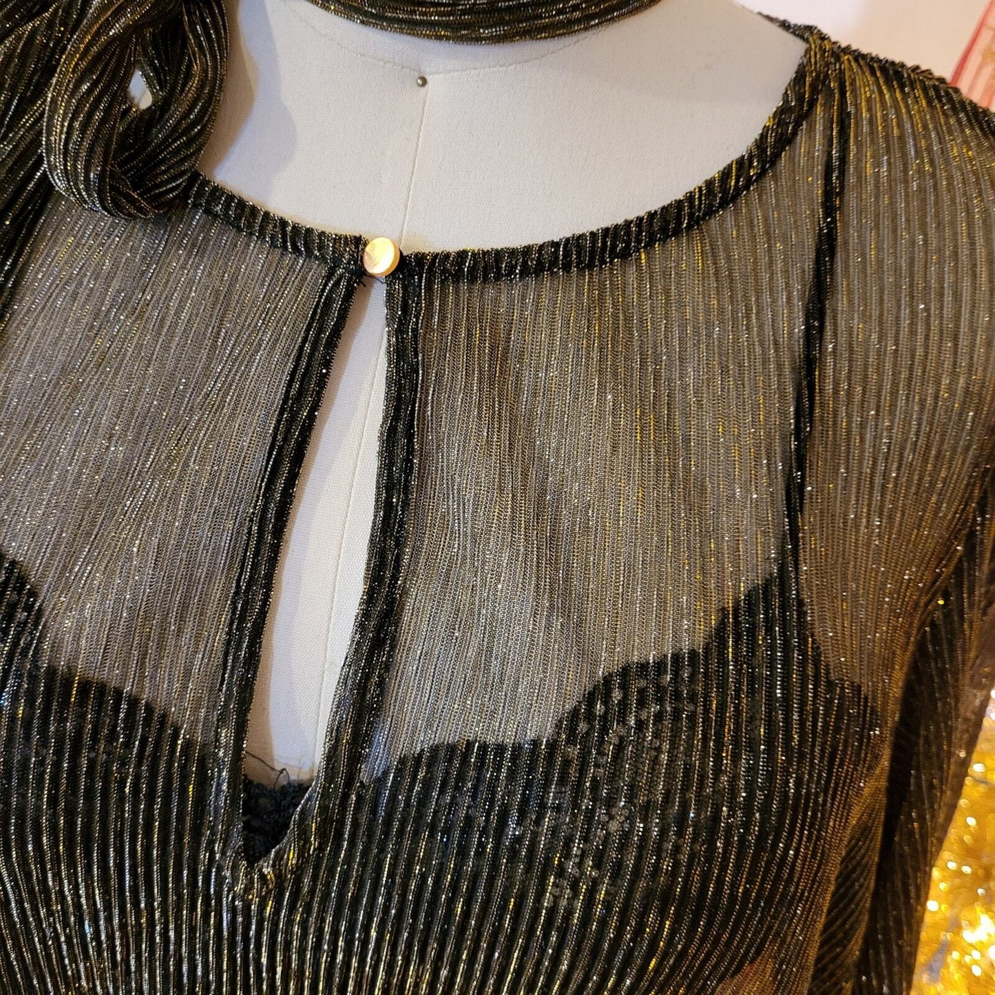 Gold Metallic Vintage Sheer Maxi Dress Long Sleeve Belt 24" P2P Ribbed