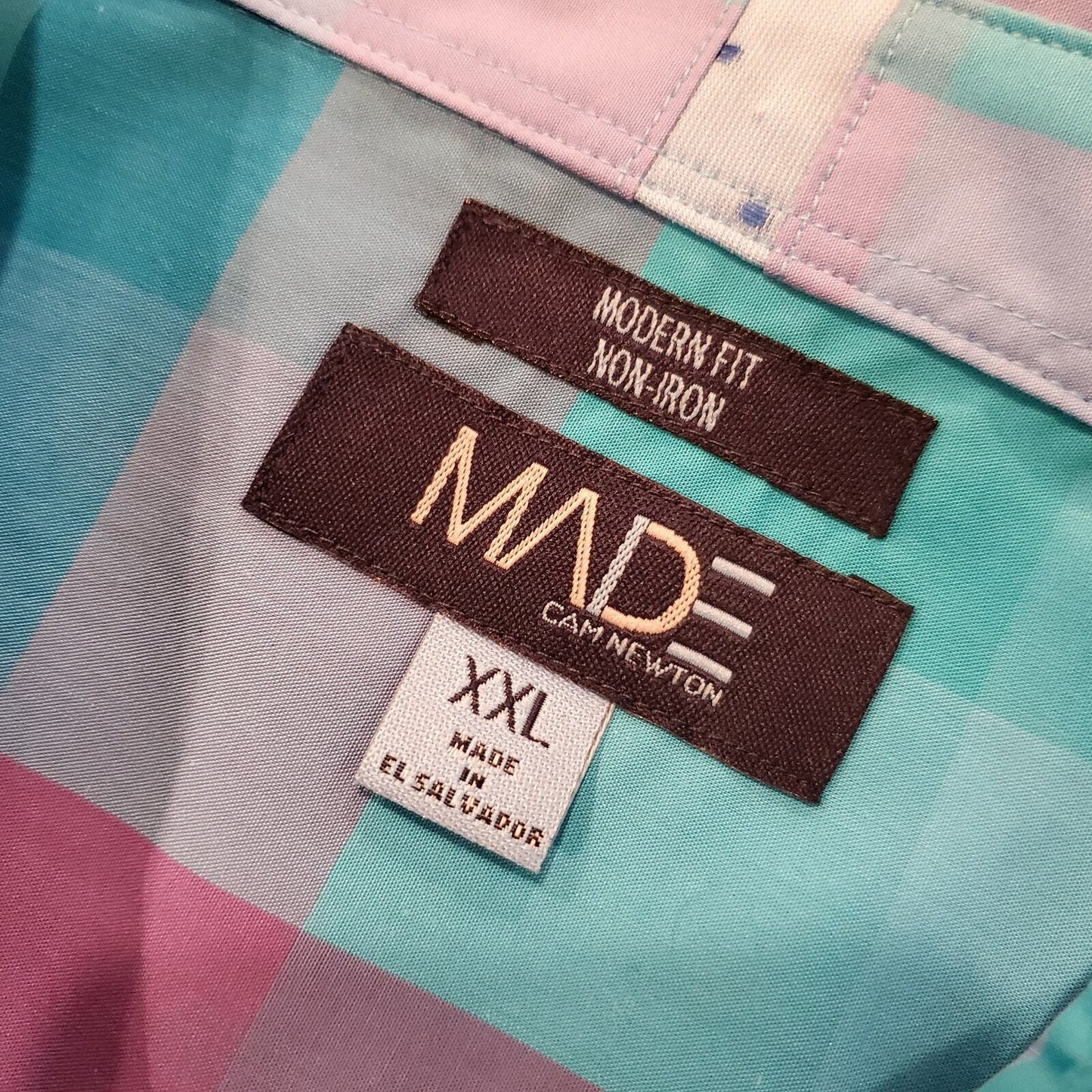 Cam Newton Made XXL Purple Turquoise Plaid Button Down Non-iron 