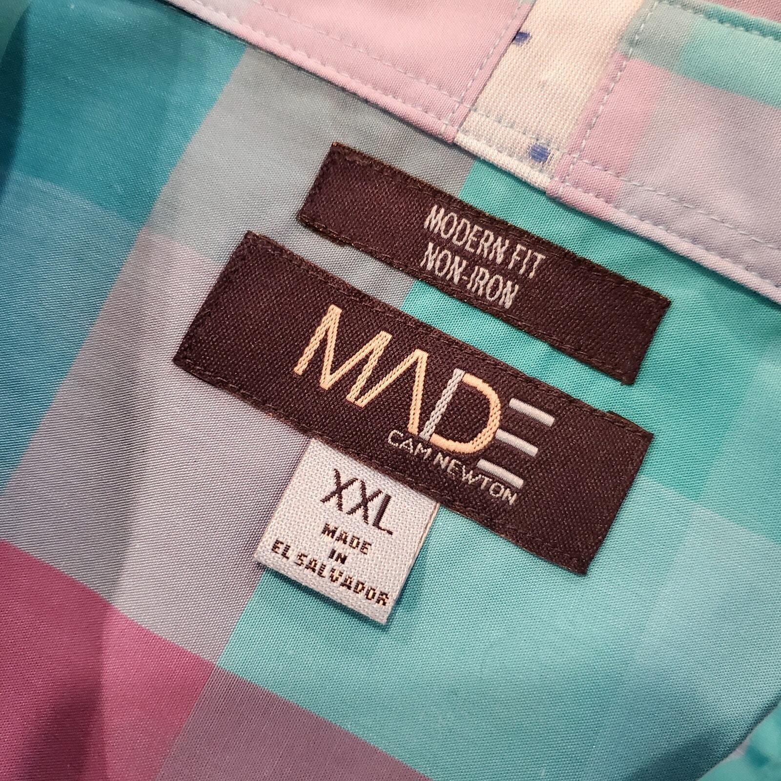 Cam Newton Made XXL Purple Turquoise Plaid Button Down Non-iron 