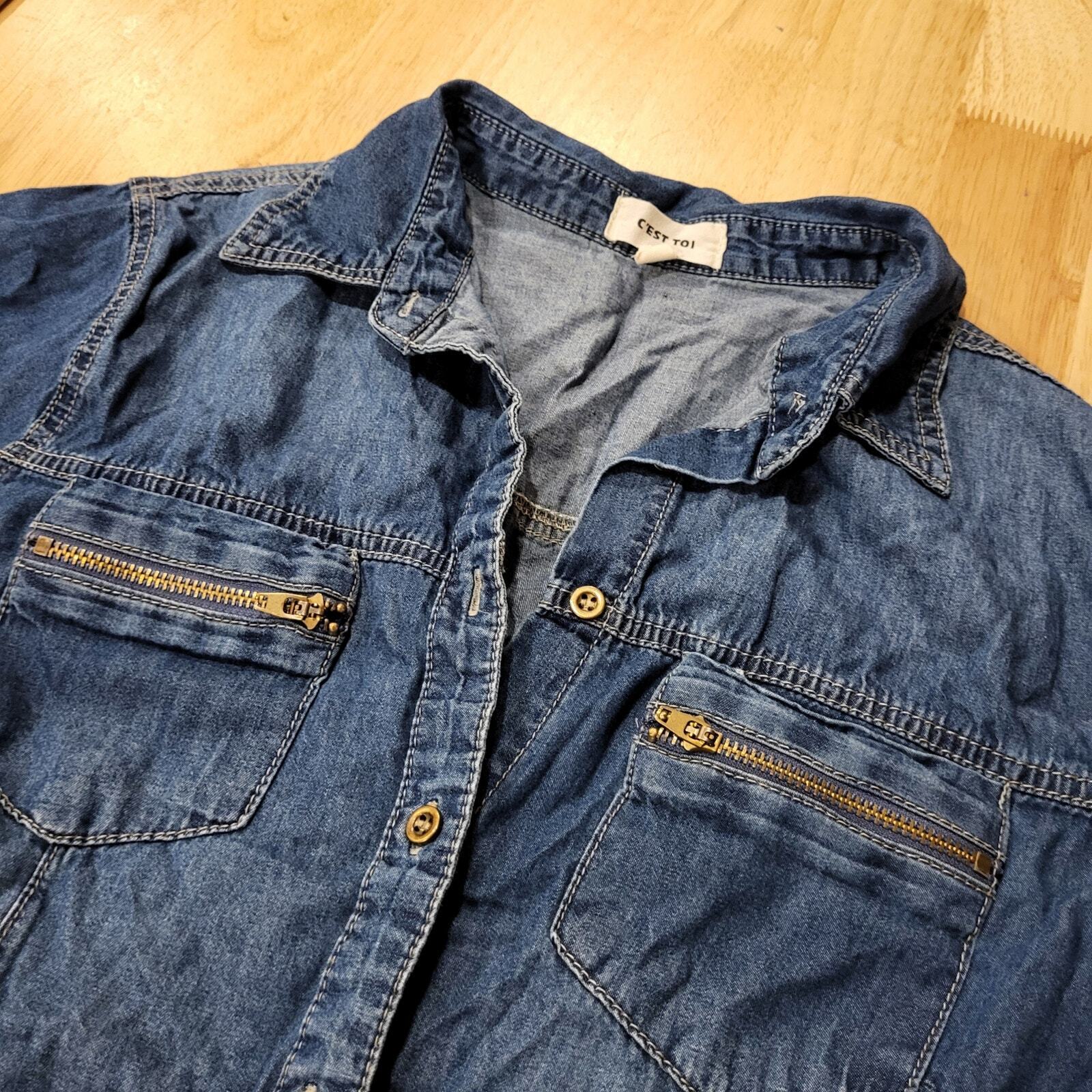 y2k Denim Cest Toi Denim Button Front Cap Sleeve Collared Top Zip Pocket