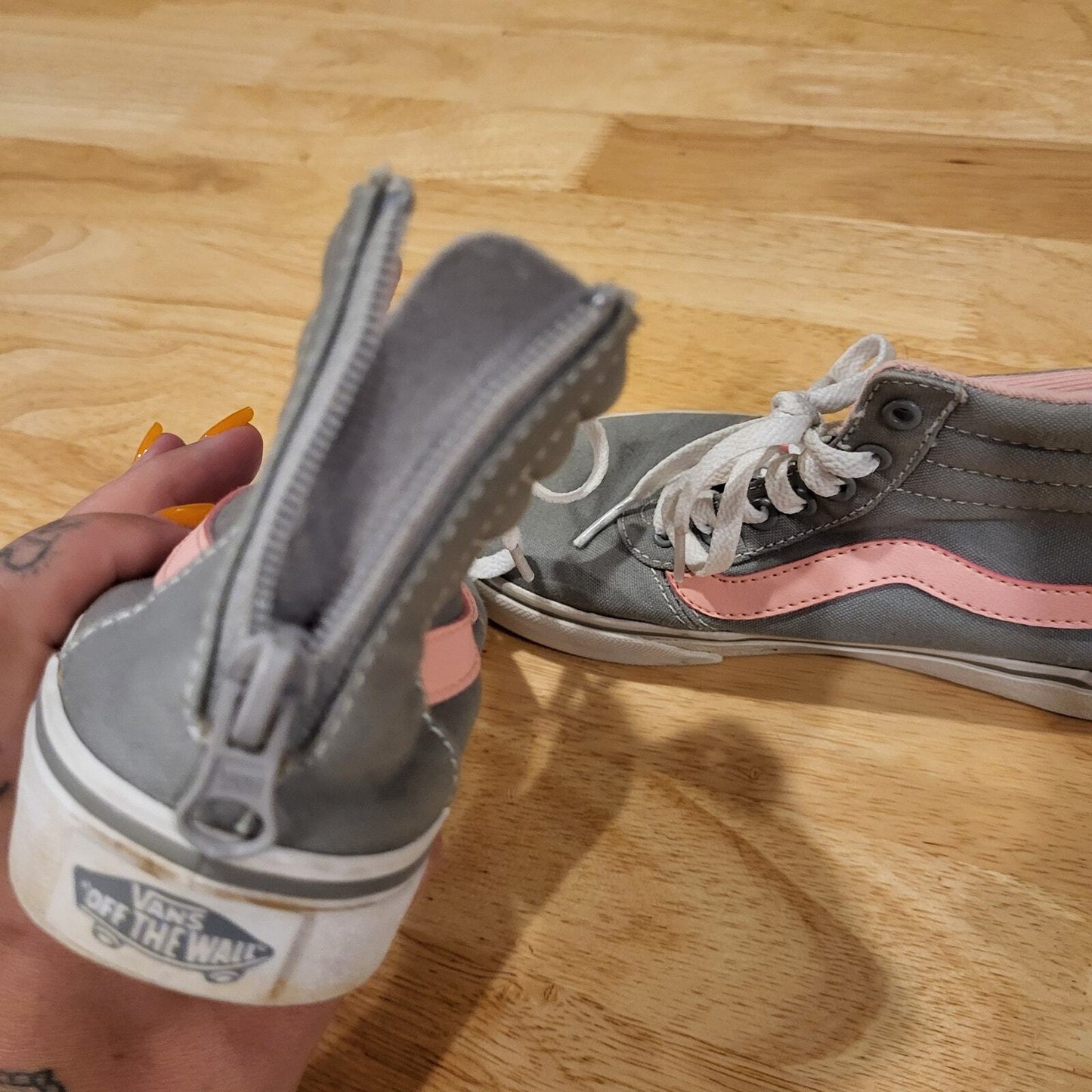Girls Grey and Pink Vans Sk8 Hi Zip Back 13.5 Sneakers