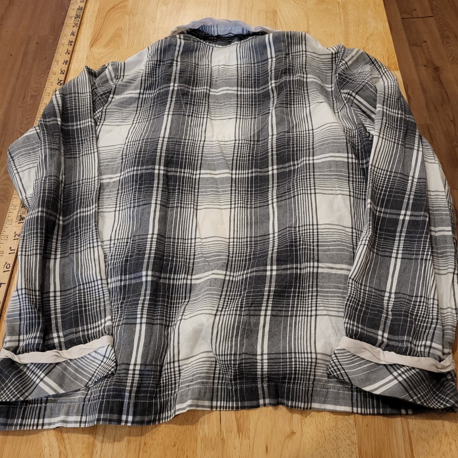 Victoria's Secret Pajama Top Black & White Plaid Cotton Button Collar LONG Slv. 
