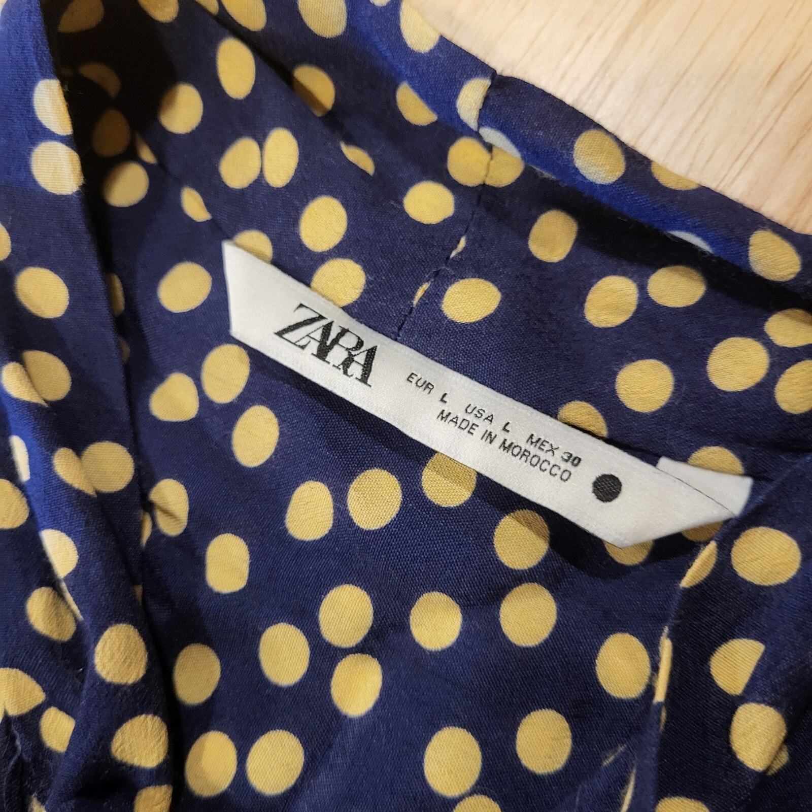 Zara Long Blue & Yellow Polka Dot Button Maxi Shirt Dress Tie Collar Large Nylon