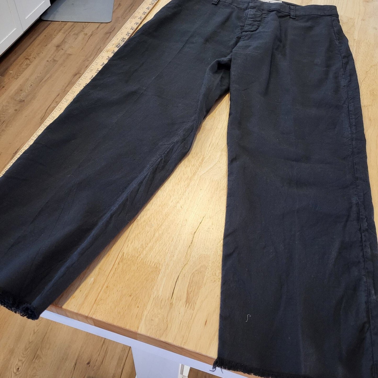 Frank & Eileen Linen & Flax Black Slacks Distressed Cuff Straight Leg Ankle 