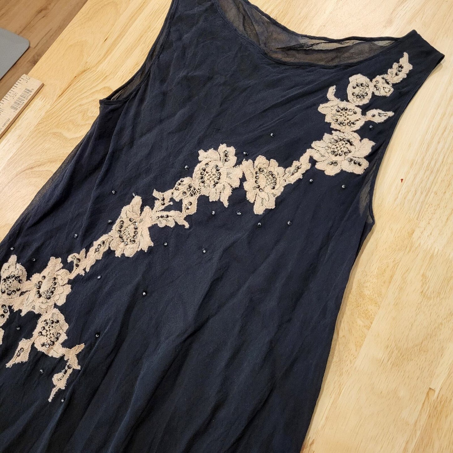 Black Silk Sheer Sleeveless Asymmetrical Floral Embroidered Dress 16" pit 2 pit