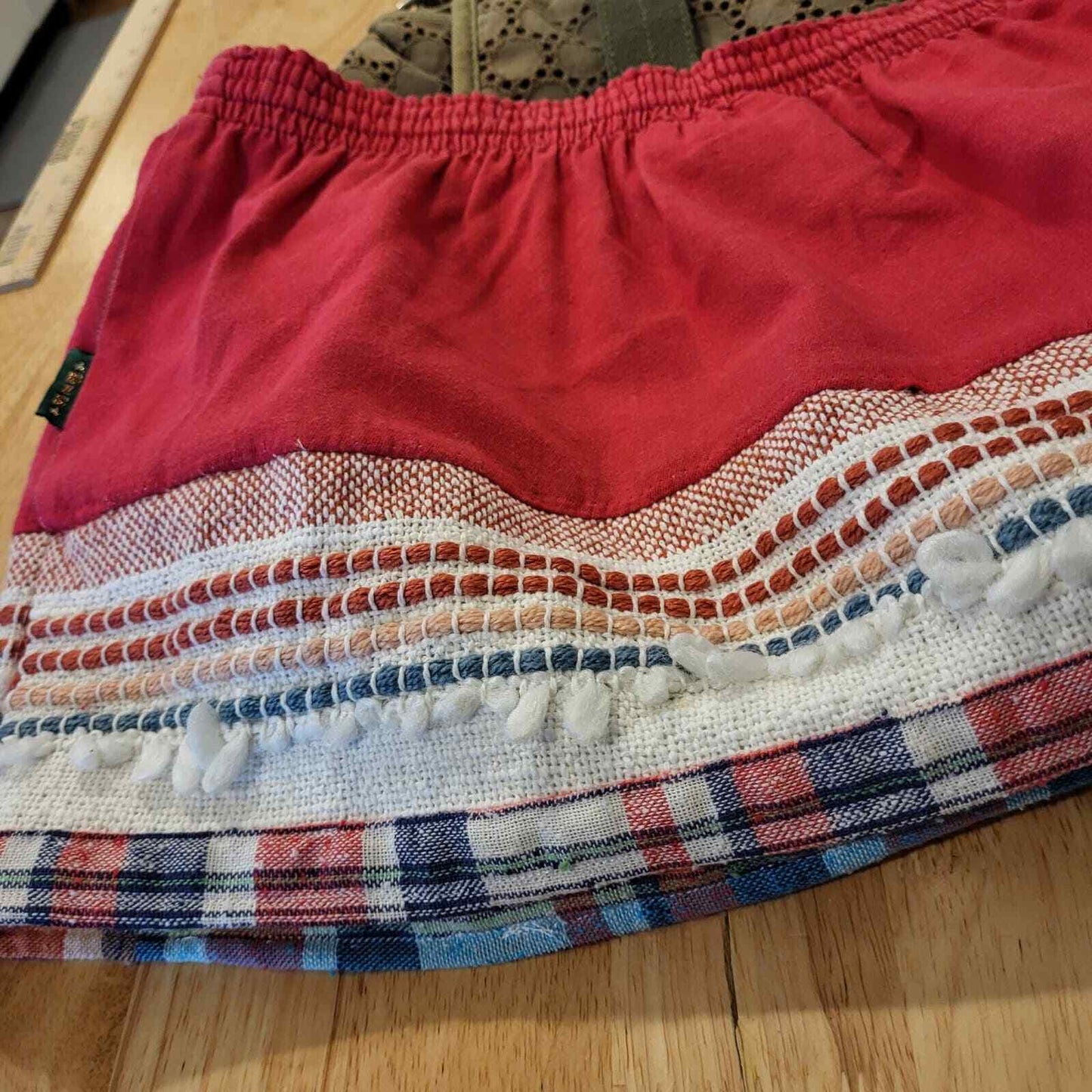 #upcycled vintage Red Elastic waist Mini Skirt Bohemian Hand Made 