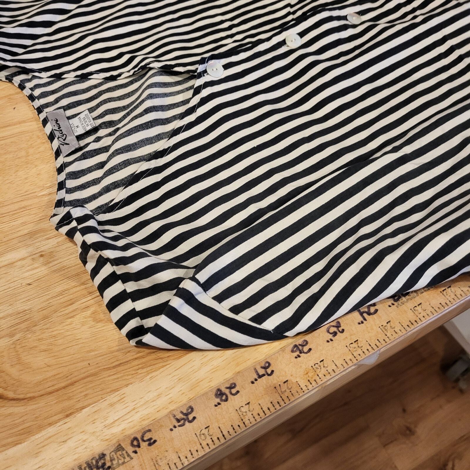 Vintage Black & White Striped Button Front Long Sleeve Blouse Medium