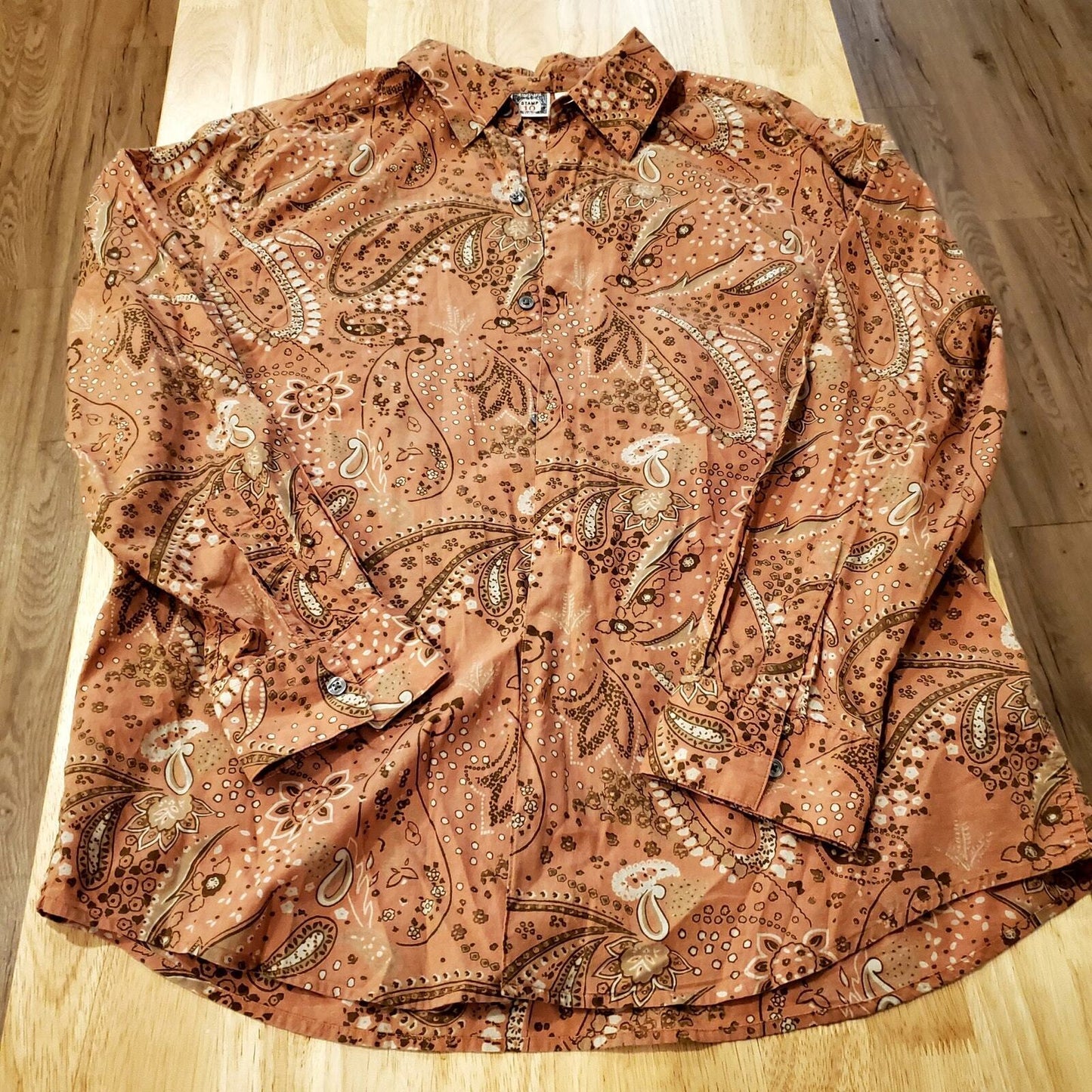 Western Stamp 10 Burnt Orange Paisley Button Down Collared Shirt XL 100% Cotton