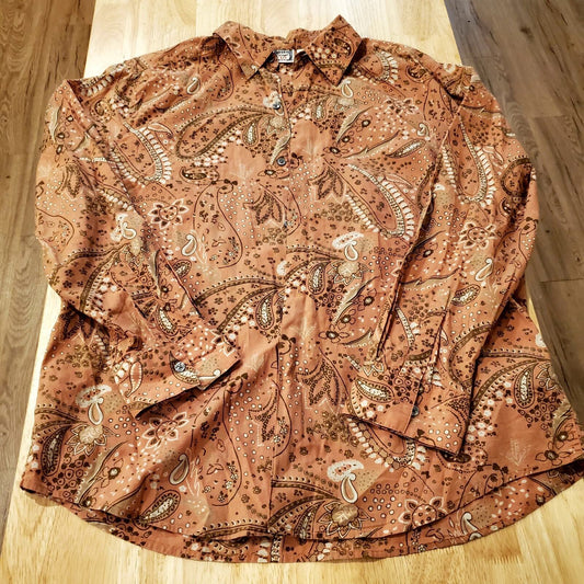 Western Stamp 10 Burnt Orange Paisley Button Down Collared Shirt XL 100% Cotton