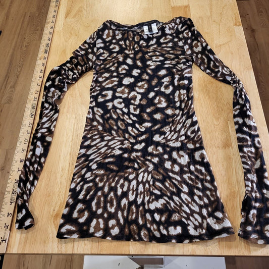 BCBGMAXAZRIA Leopard Print Sheer Long Sleeve T-Shirt XS Jersey Cotton Knit 