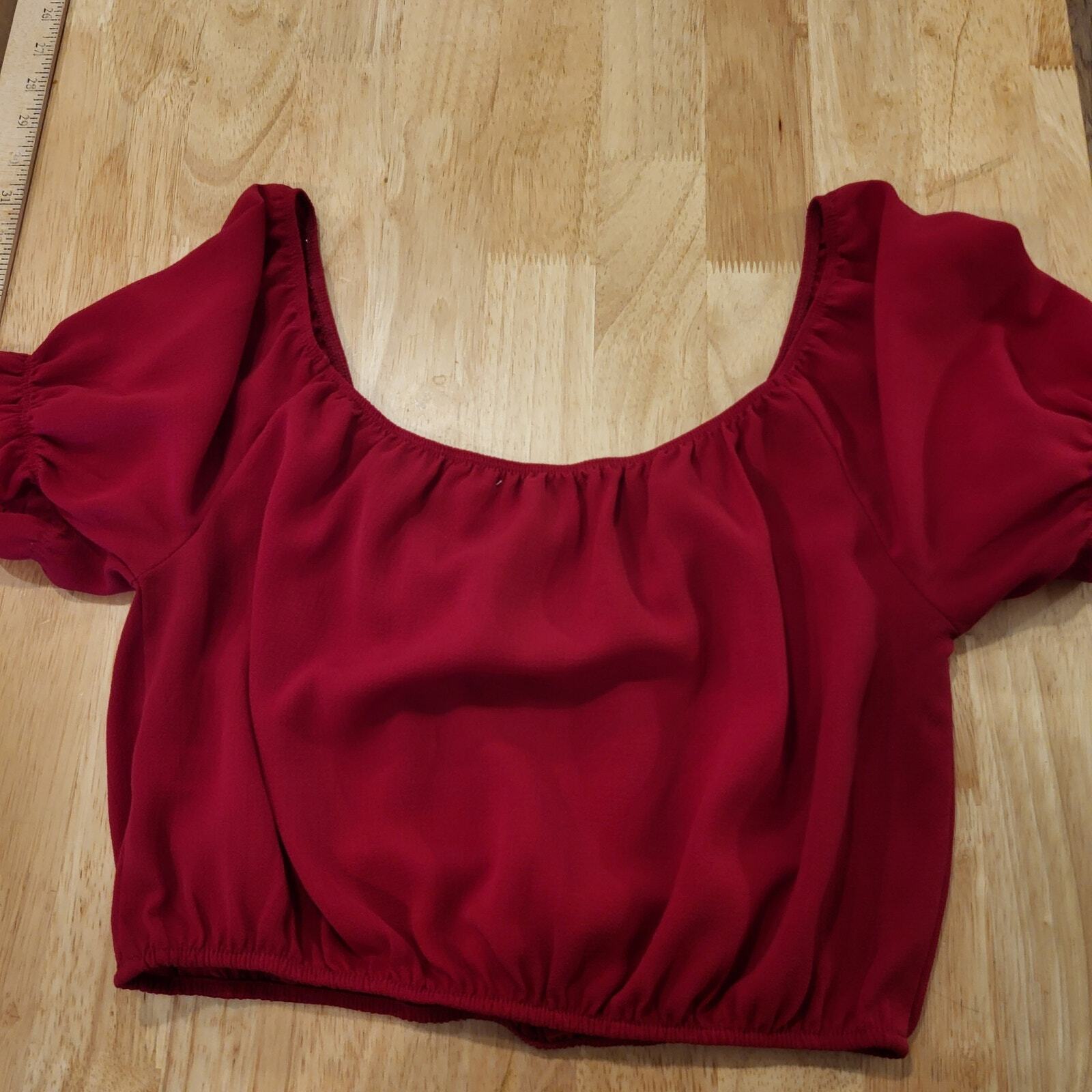 Red Elastic Cold Shoulder Bardot Crop Top Short Puff Sleeve Coquette medium 26"