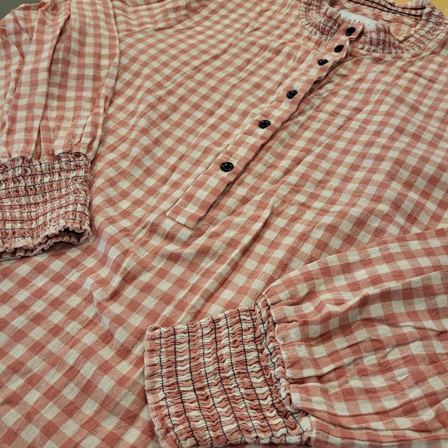 Rochelle Behrens The Shirt Gingham Pink Sheered Collar & Cuff Cotton Long Sleeve