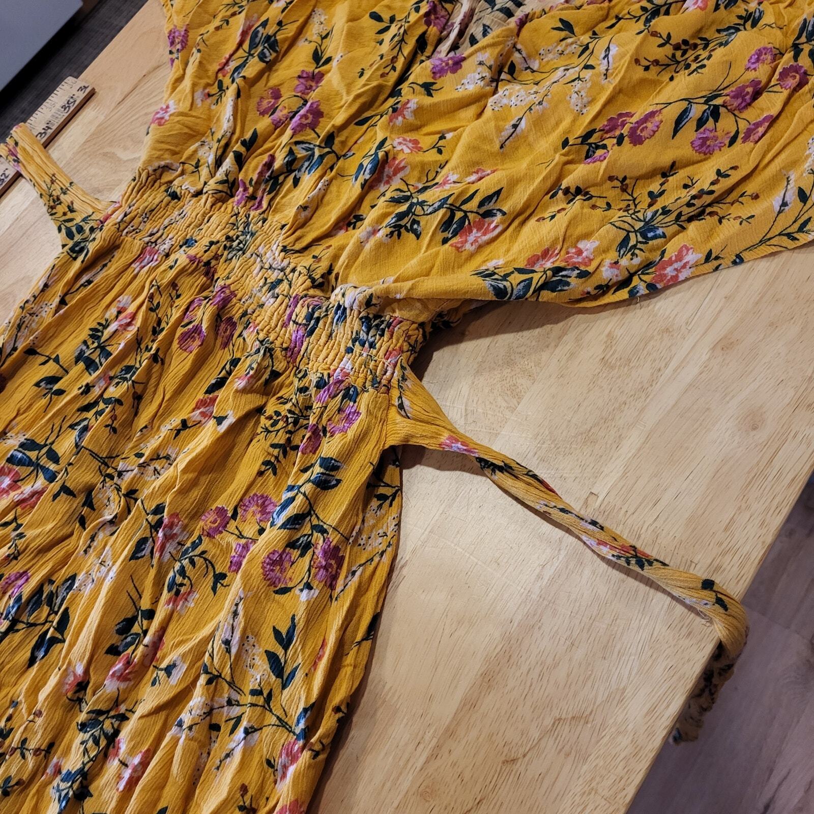 Yellow Floral V Neck Flow Flutter Sleeve 12"-22" Waist Tie Maxi Dress