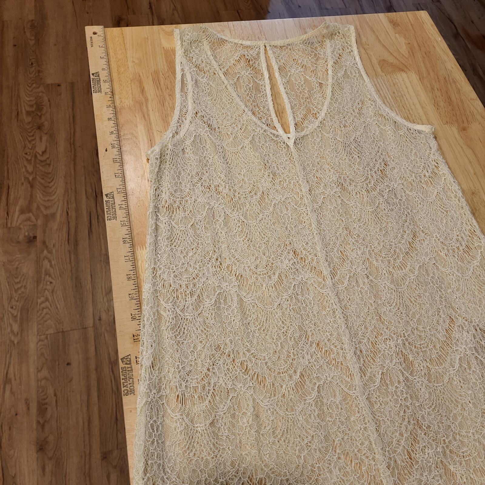 Cream sheer sleeveless lace dress  17" P2P Keyhole 36" Long Fishscale Pattern