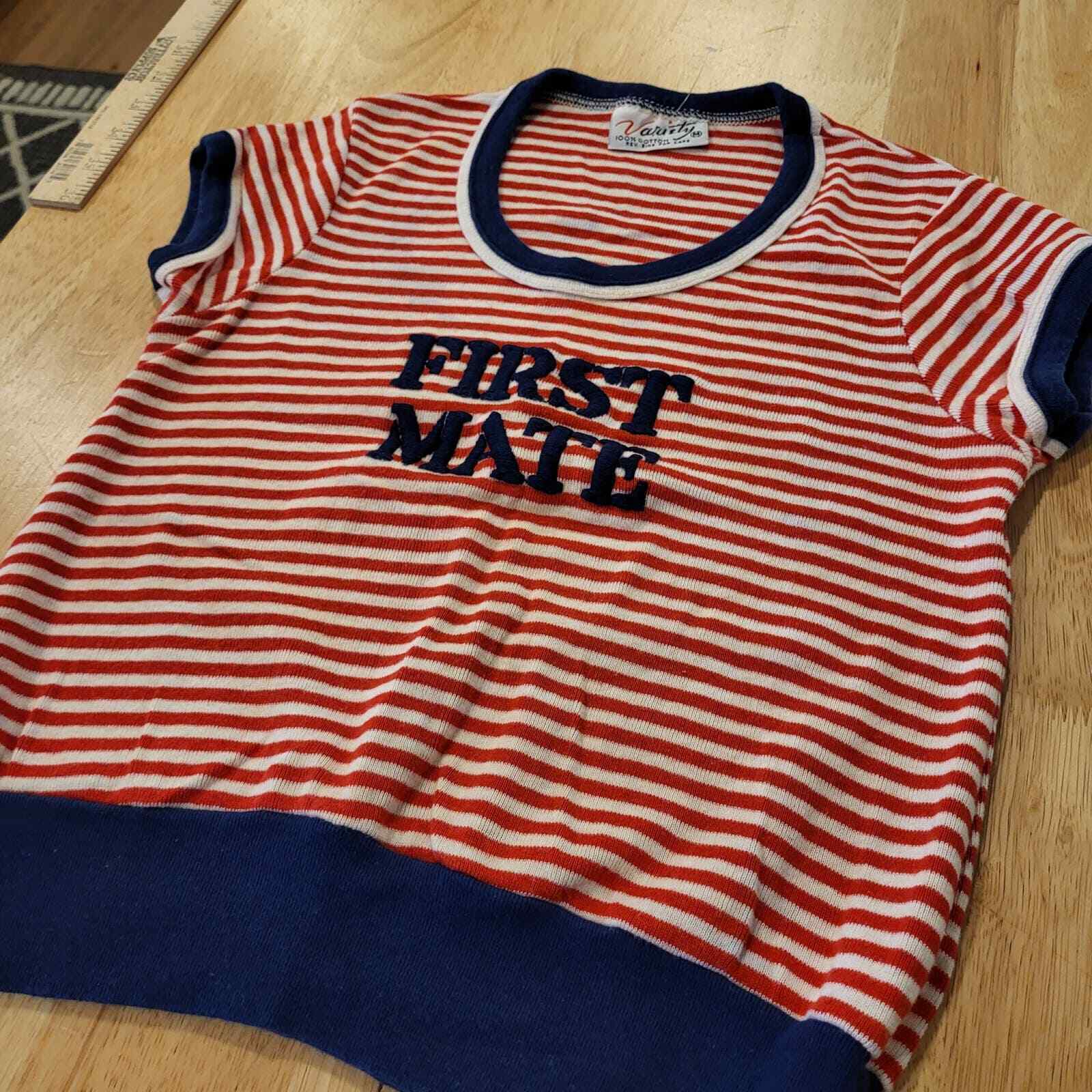 Vintage Red White Blue Striped First Mate Knit 100% Cotton Short Sleeve T-shirt
