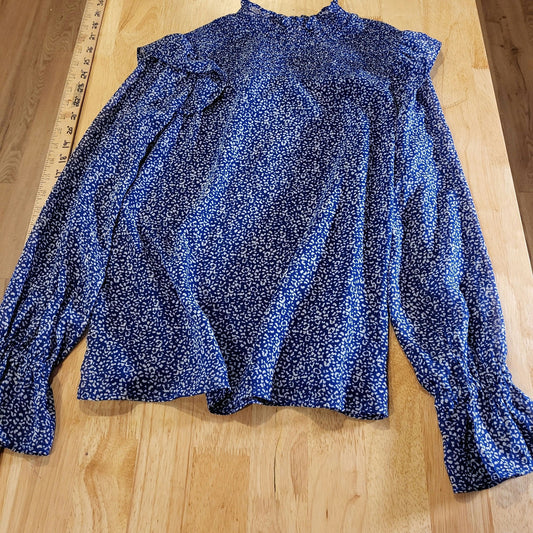 Banana Republic Blue Peasant Blouse Mock Neck Ruffle Sleeve Yoke Rayon XS Floral