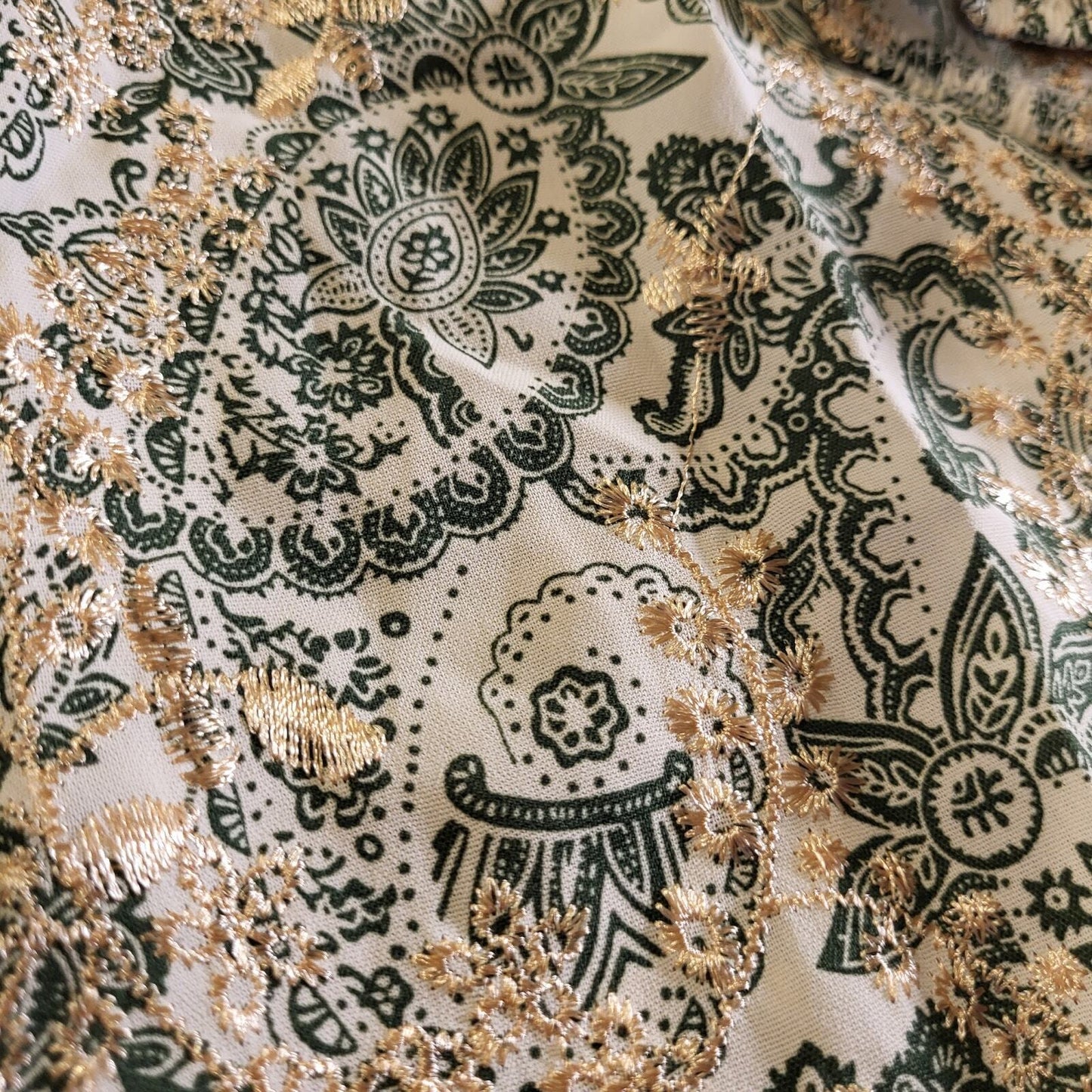 Paisley Green & Cream Ballon Sleeve Blouse All Over Embroidery medium Tassel Tie