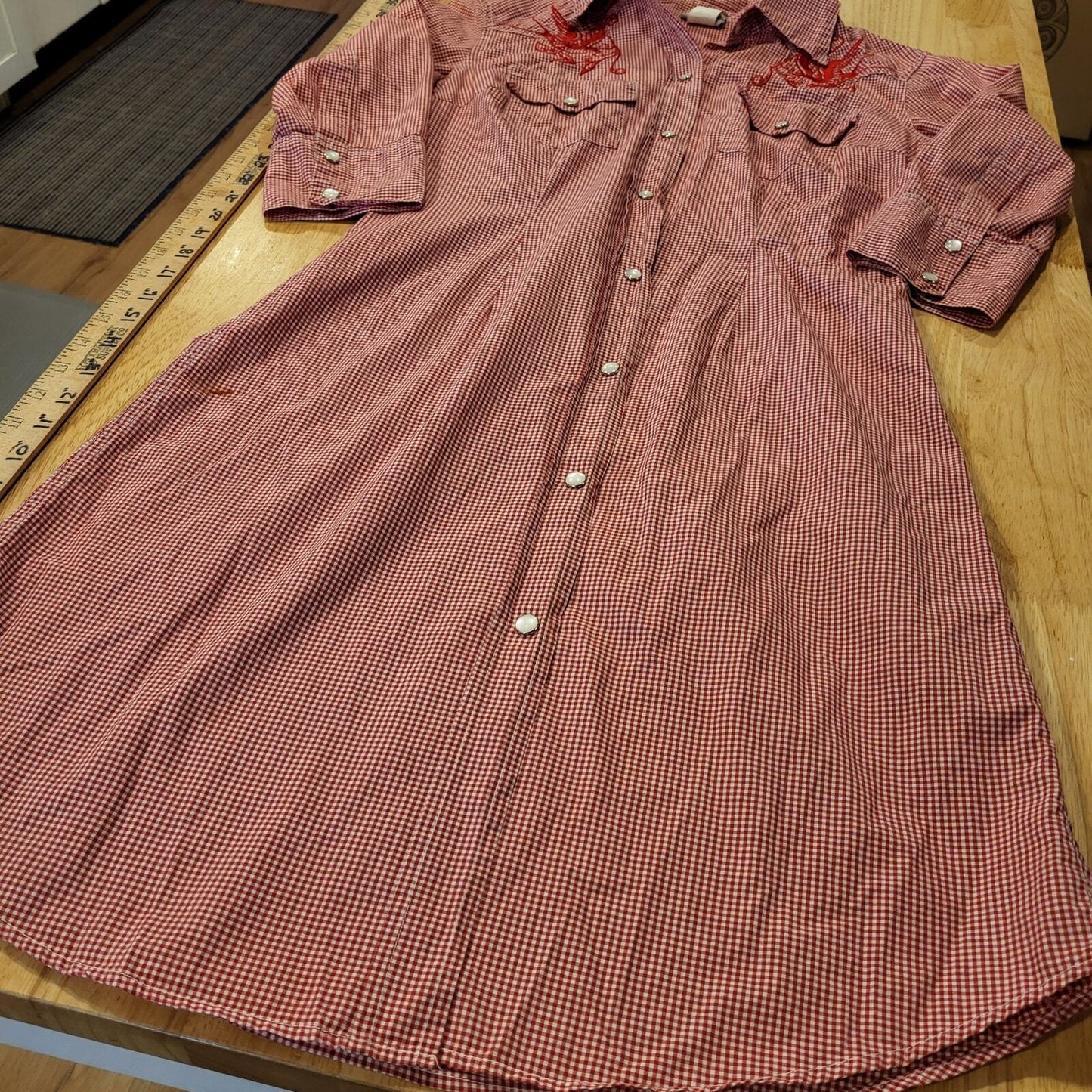Vintage Sailor Jerry Red Gingham Pearl Snap Shirt Dress 18" P2P 32" Waist