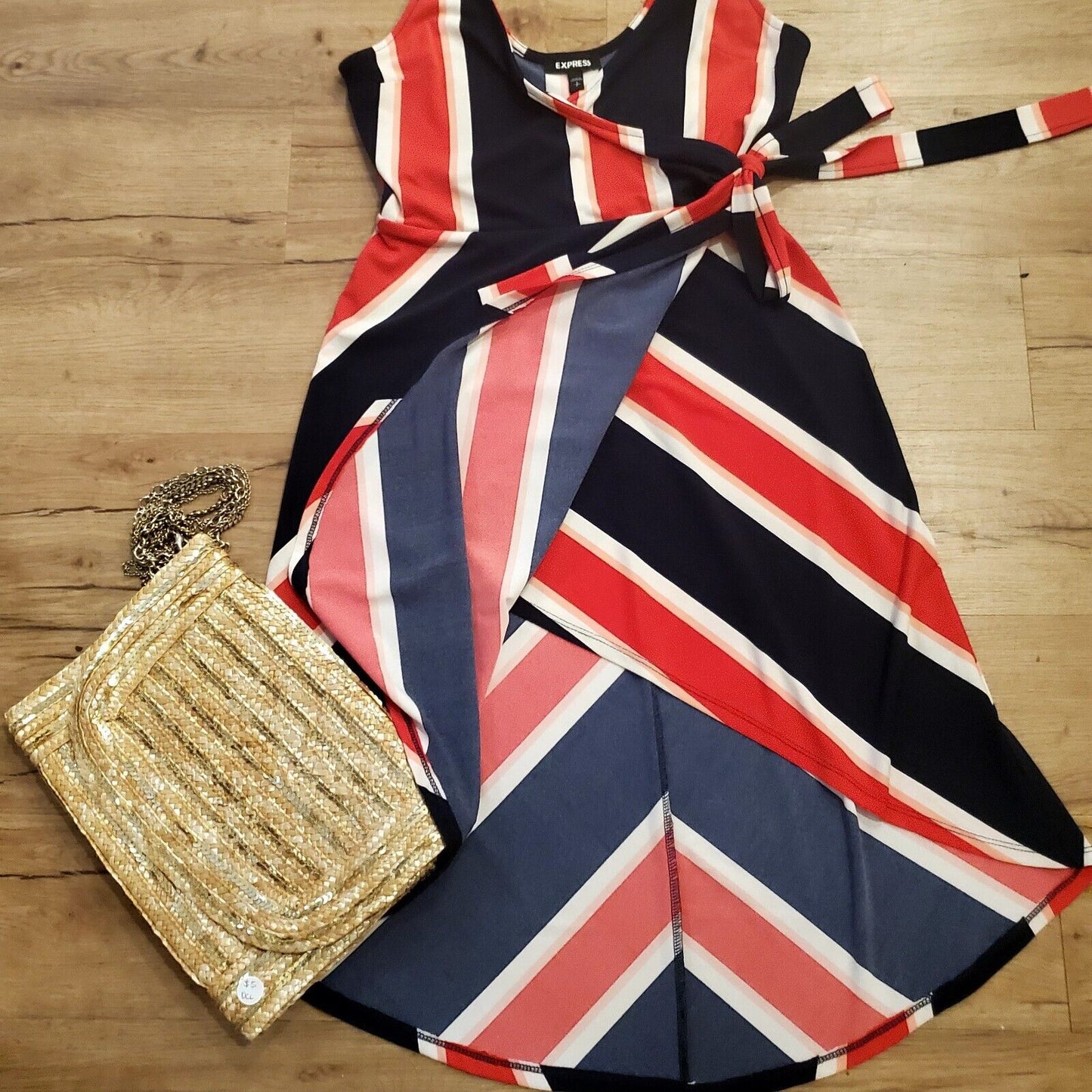 Express Red White & Blue Stripe Wrap Style Dress Small Knee Sleeveless Jersey 
