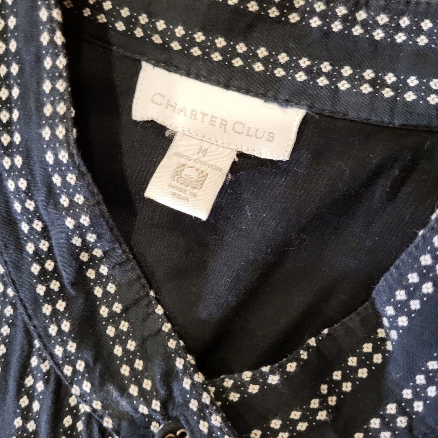 Charter Club Blue Striped Dot Button Shirt Dress Cap Sleeve Mandarin Collar 14