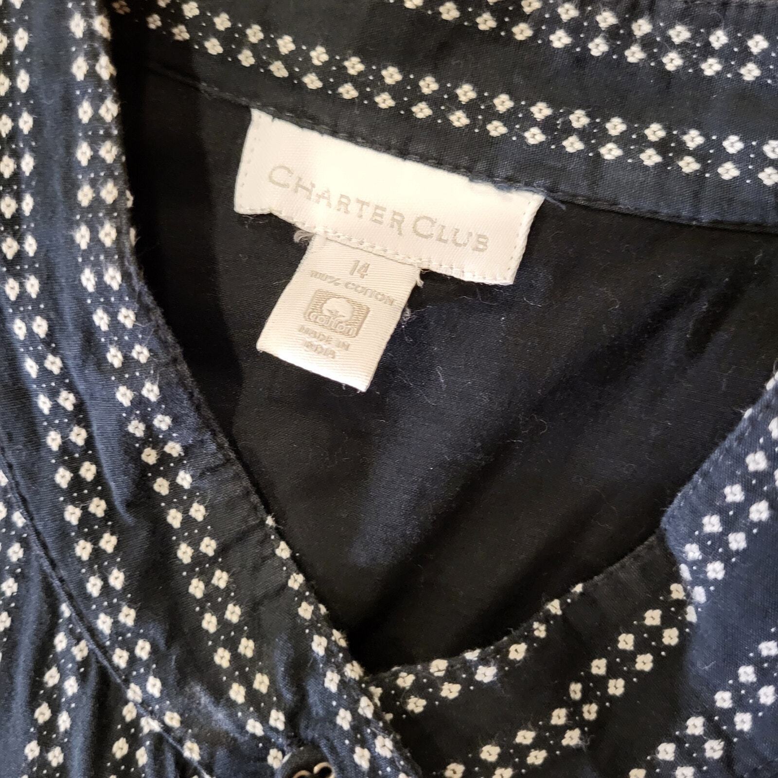 Charter Club Blue Striped Dot Button Shirt Dress Cap Sleeve Mandarin Collar 14