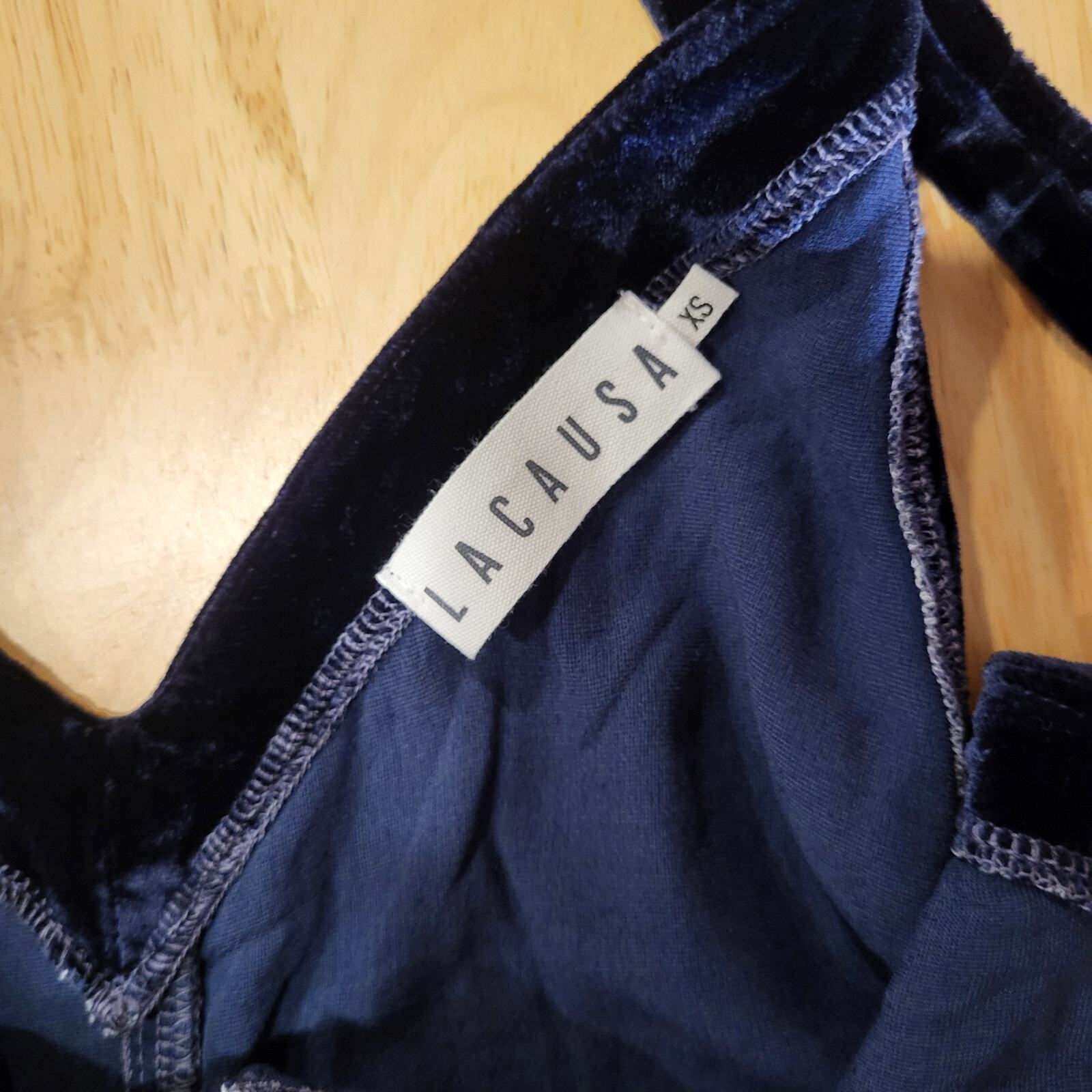 Lacausa Blue Velvet Sleeveless Wide Leg Jumpsuit XS 19" Rise Cropped