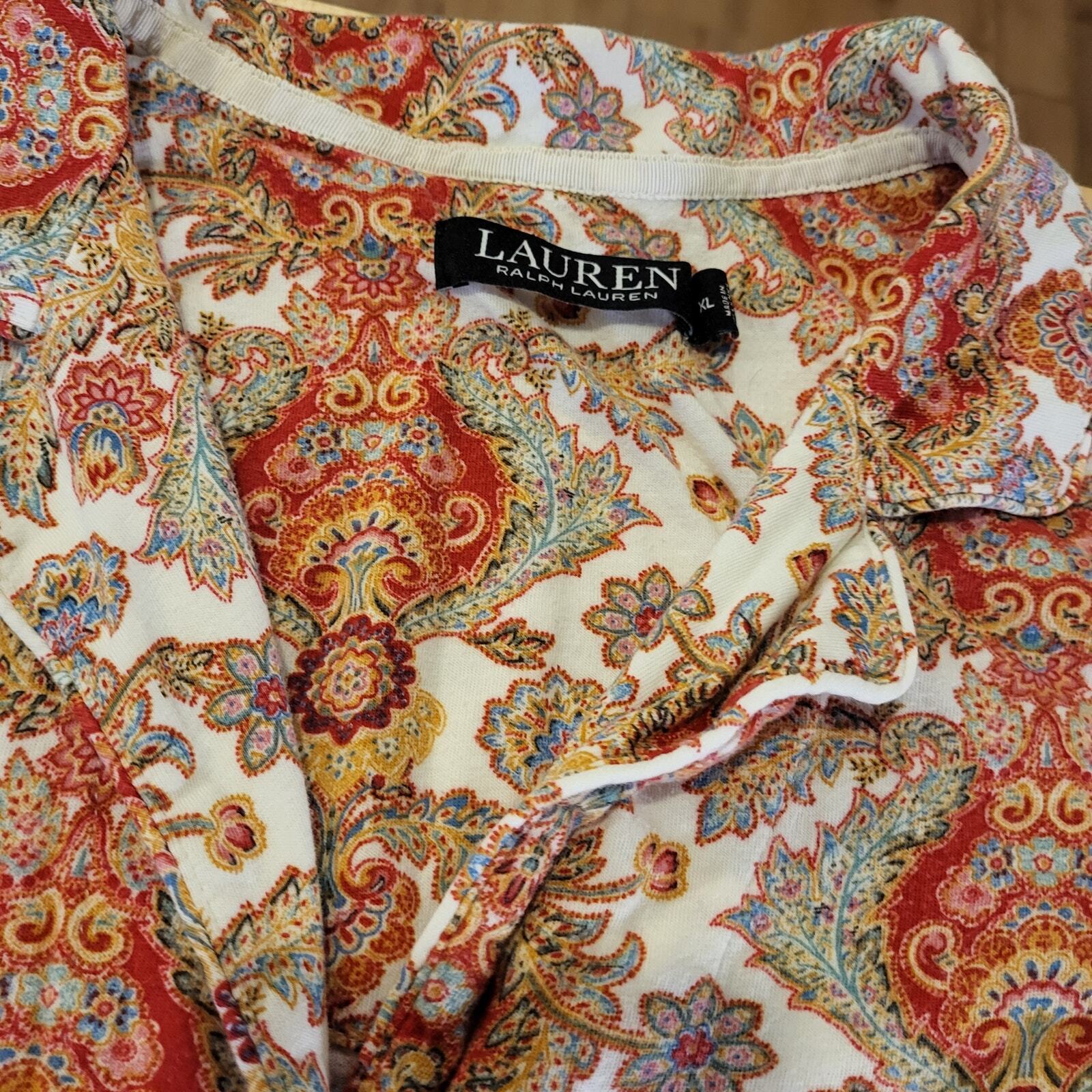 Ralph Lauren Paisley Light Weight Flannel Pajama Set Cotton Button Collared XL