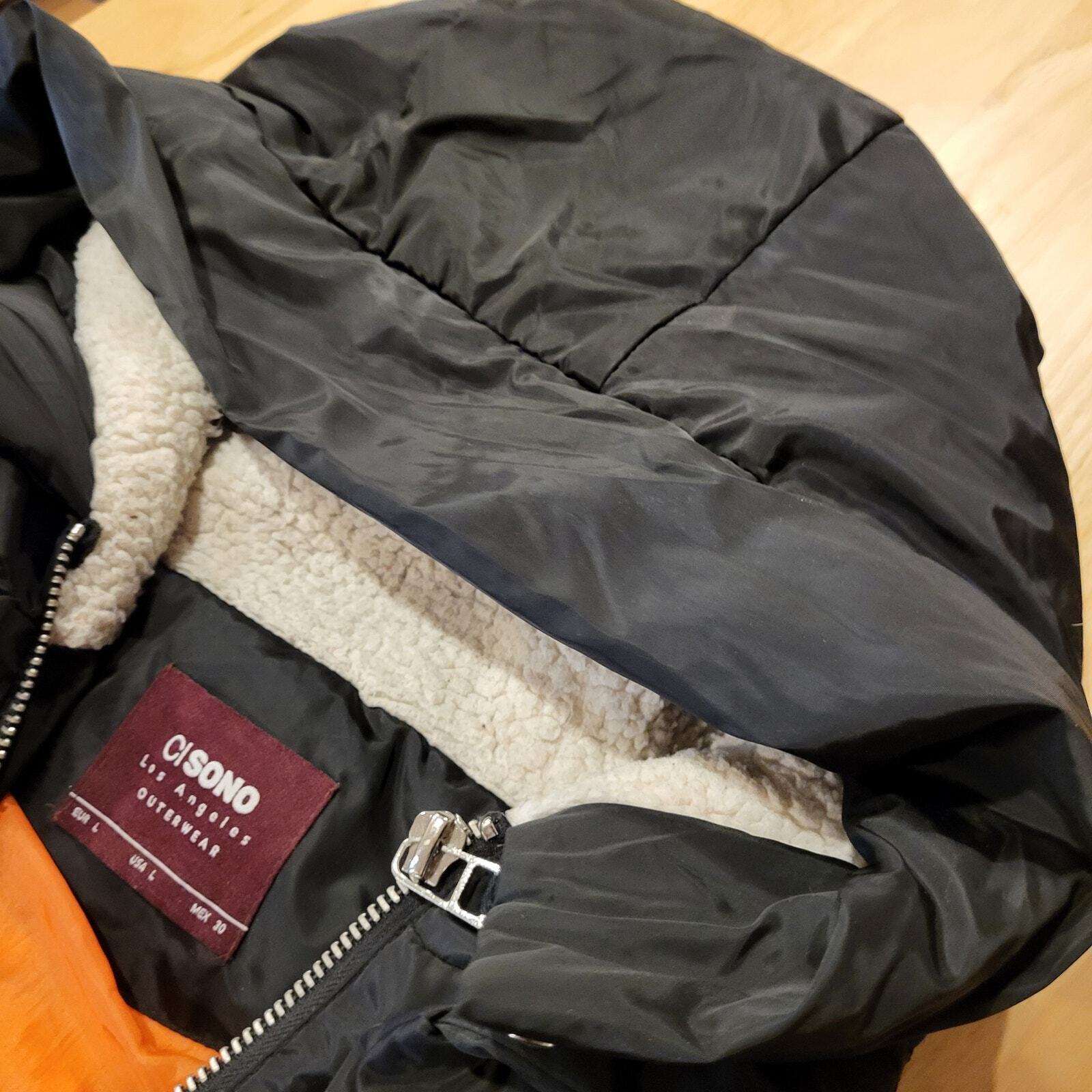 Viral Black Hooded Puffer Coat Orange Lining Silver Zip Pockets Sherling Hood LG