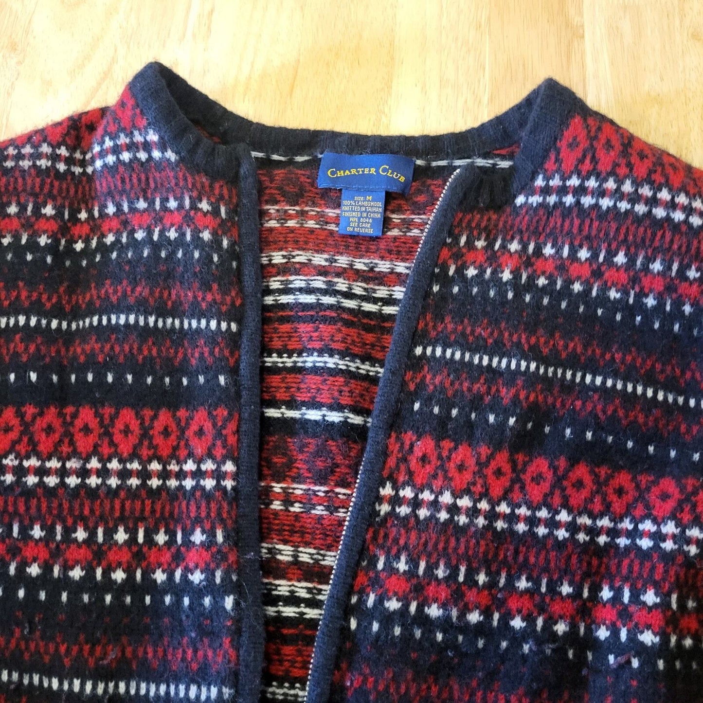 Charter Club 100% Lambs Wool Size Medium Fair Isles Zip Knit Cardigan Red White 